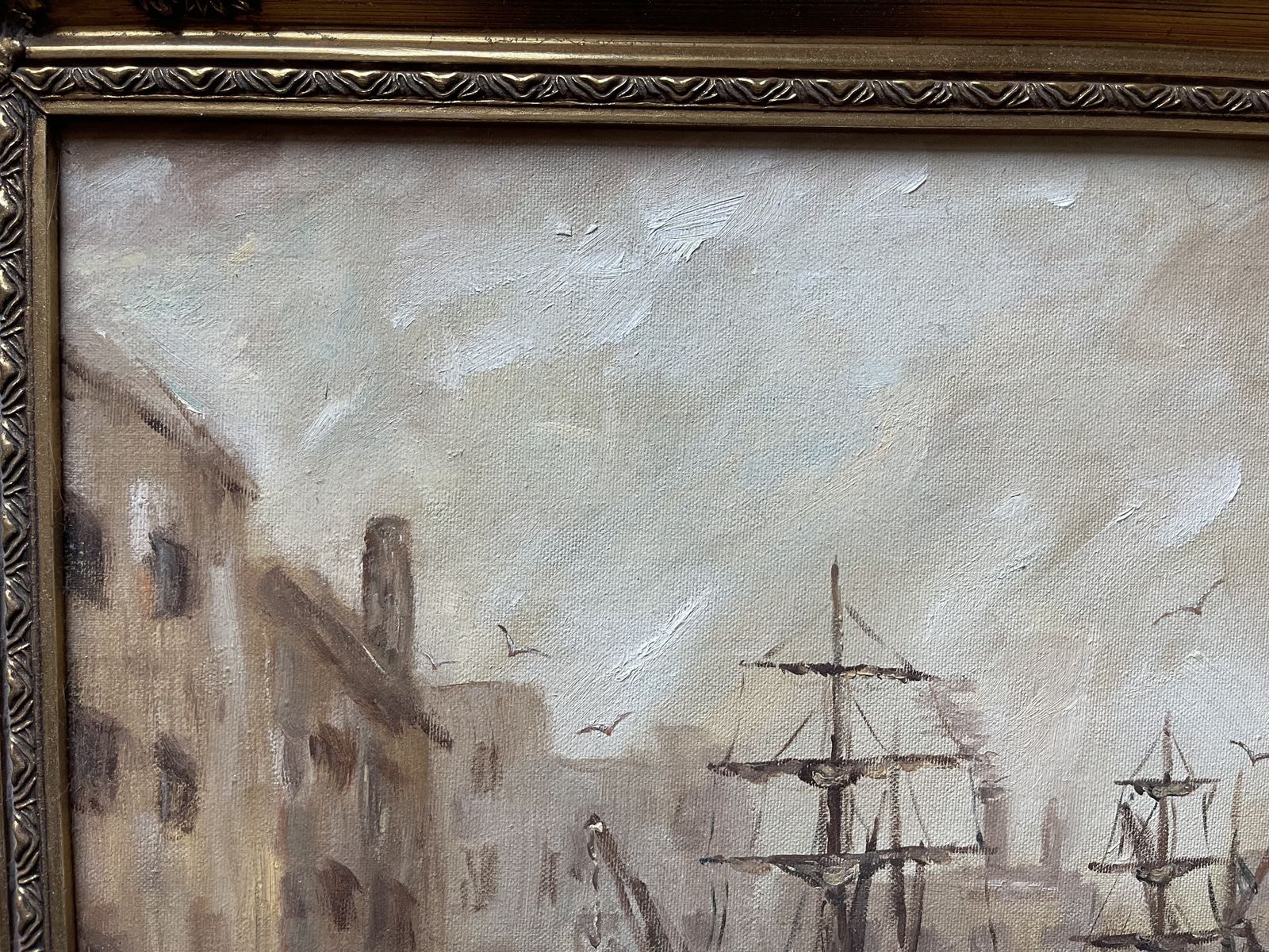 Oil Painting On Canvas Of Tall Ships In Harbour By H.C. Owen photo for sale