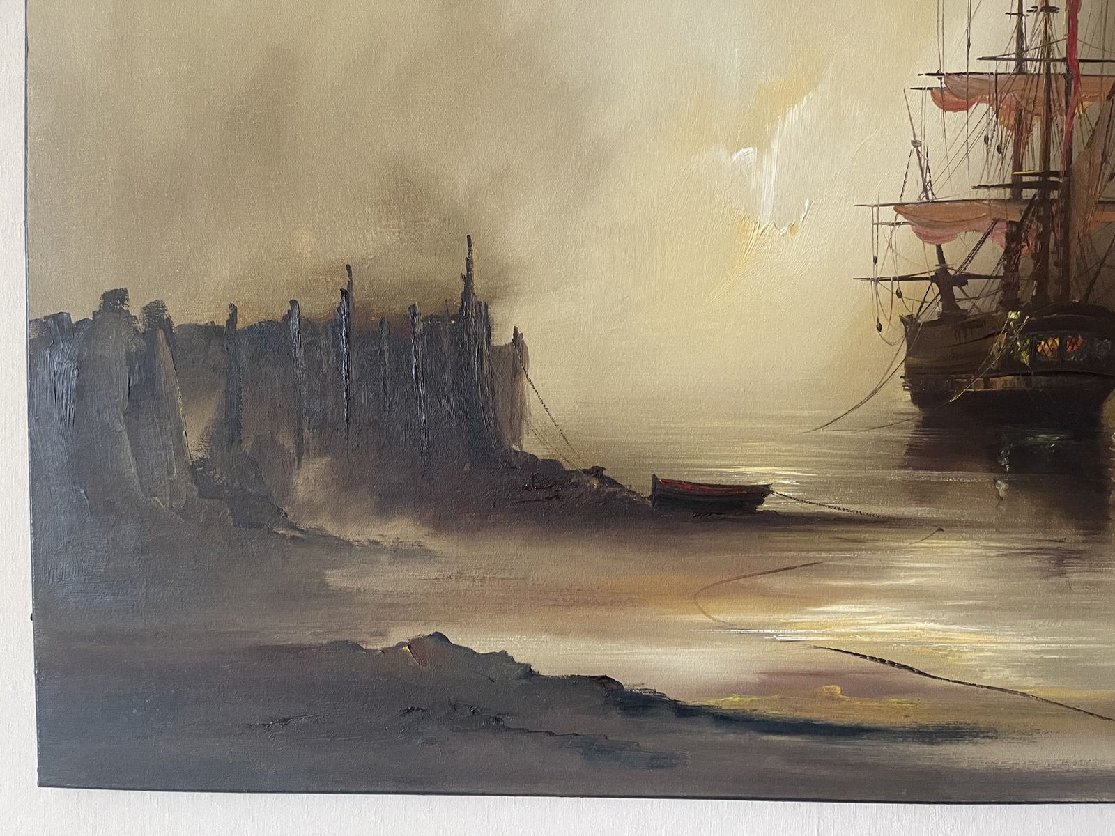 Unframed Oil On Stretched Canvas Sailing Ships Moored In Harbour Barry Hilton (B.1941) photo Art