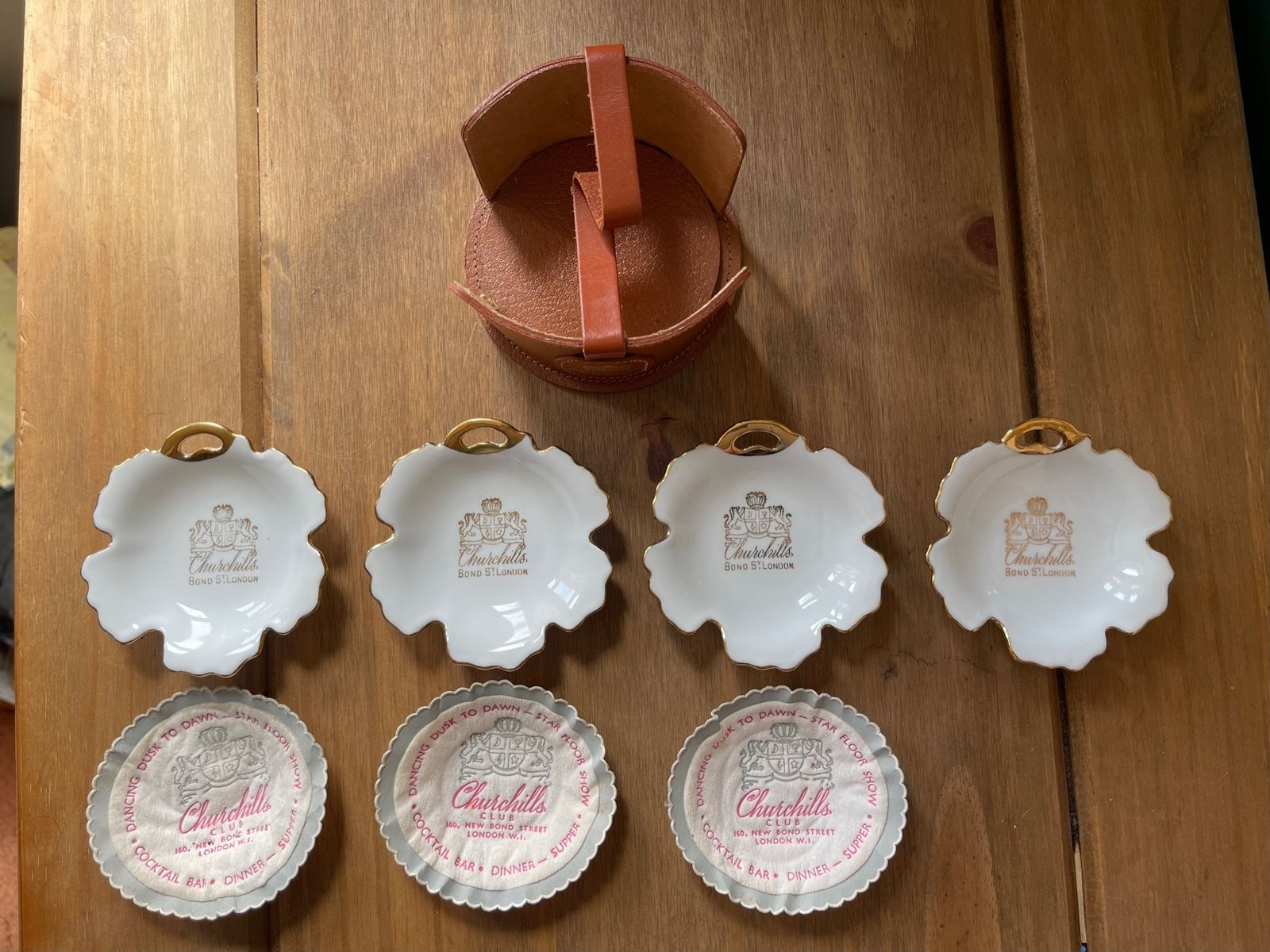 Vintage Churchills Nightclub Ashtray Set With Leather Holder