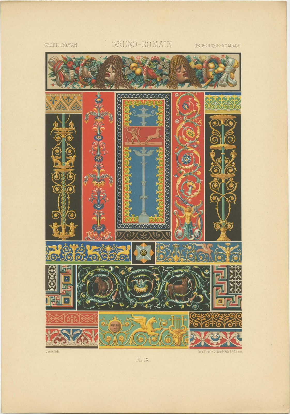 Pl. 9 Antique Print Of Greek Roman Ornaments By Racinet, Circa 1890 photo Art