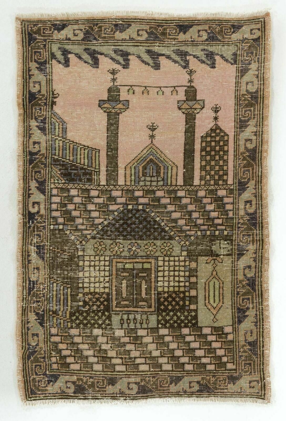 2.7x4 Vintage Prayer Rug Depicting A Mosque Decorated With Ramadan Candle Lights