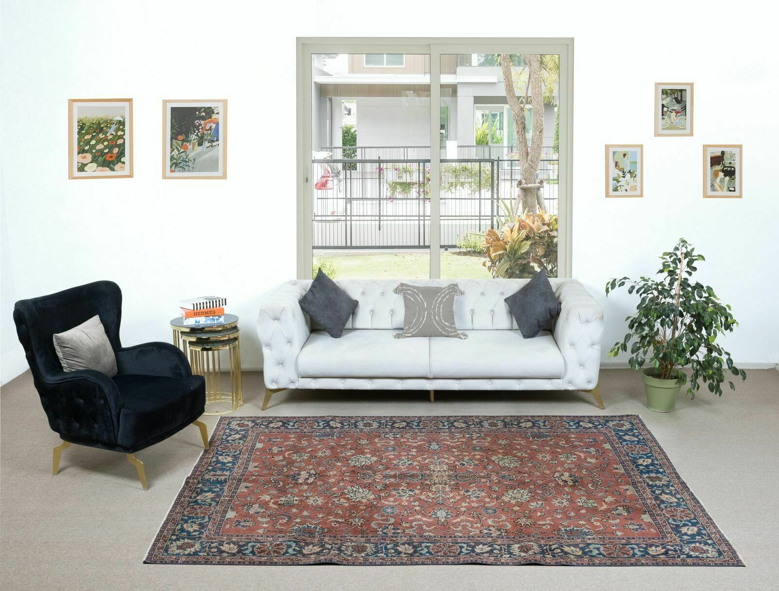 6.3x9 Ft Romantic Vintage Handmade Rug In Red & Dark Blue With Botanical Design photo furniture
