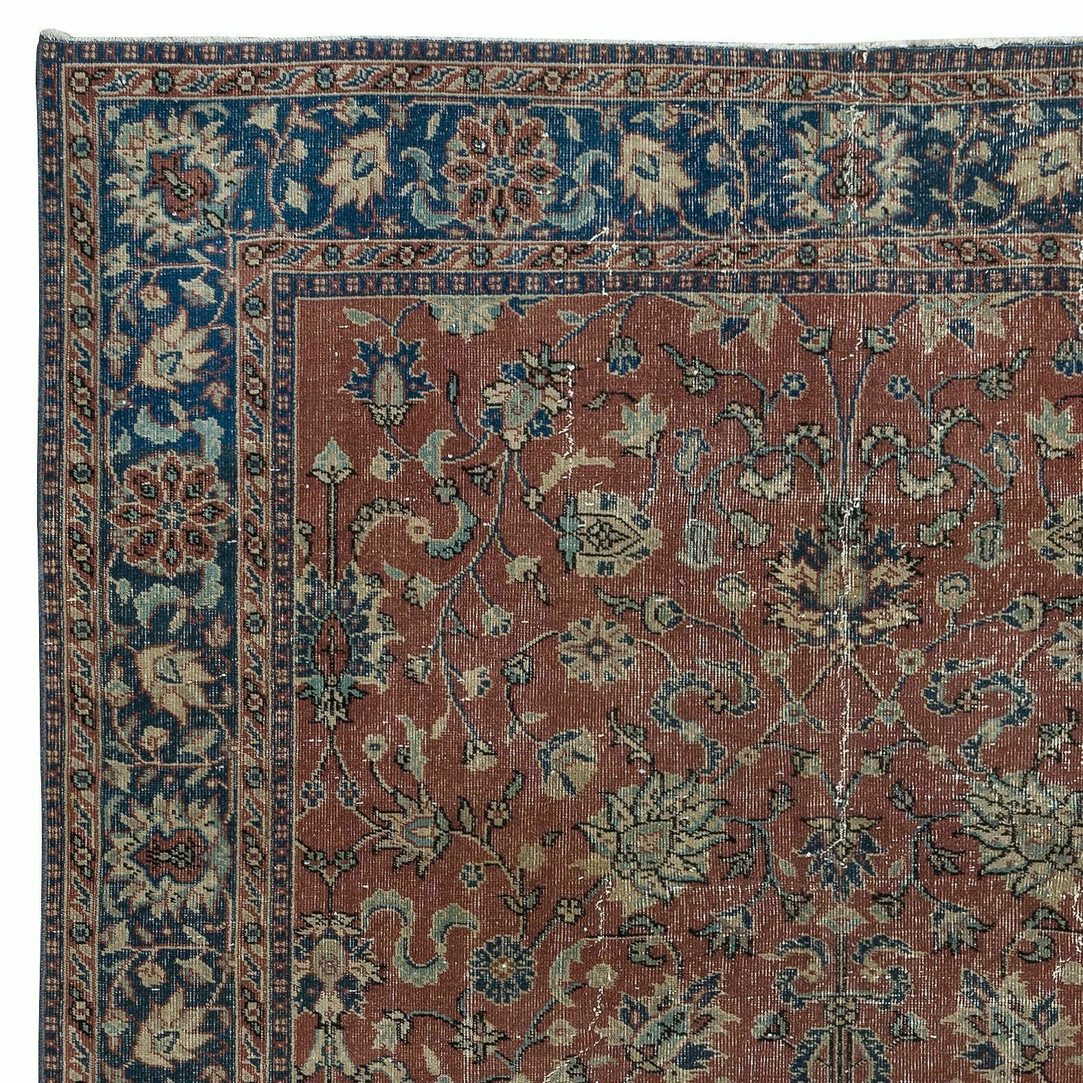 6.3x9 Ft Romantic Vintage Handmade Rug In Red & Dark Blue With Botanical Design photo Textiles