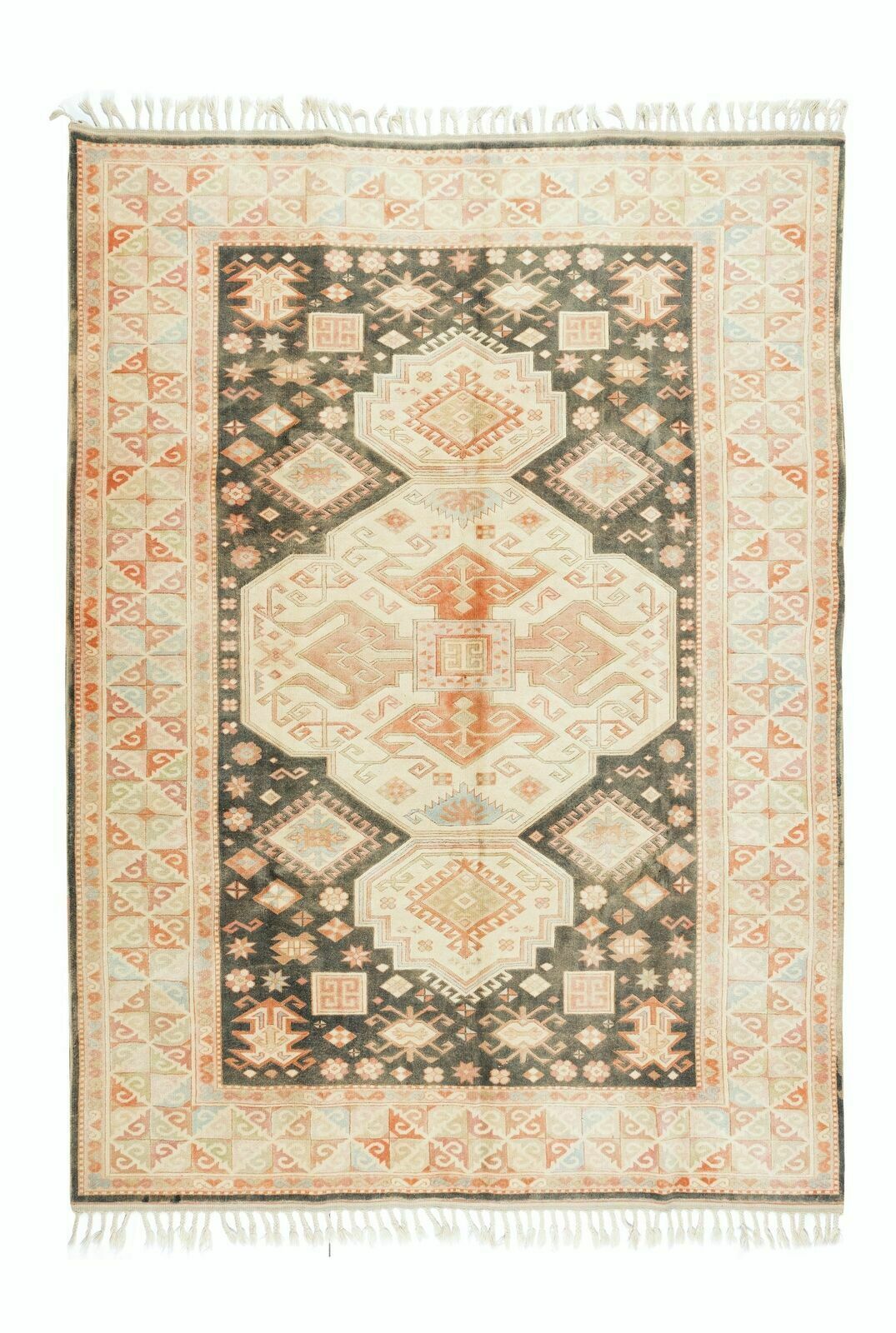 6.5x9.2 Ft Unique 1960s Handmade Turkish Rug With Geometric Medallion Design