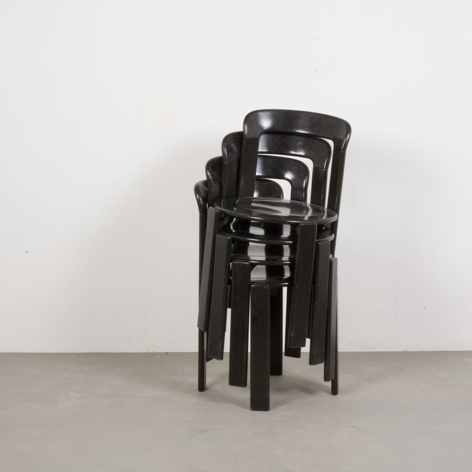 Original Vintage Mid Century Bruno Rey Beech Wood Chairs In Black Lacquer For Dietiker Set Of 4, Switzerland 1970s photo buy