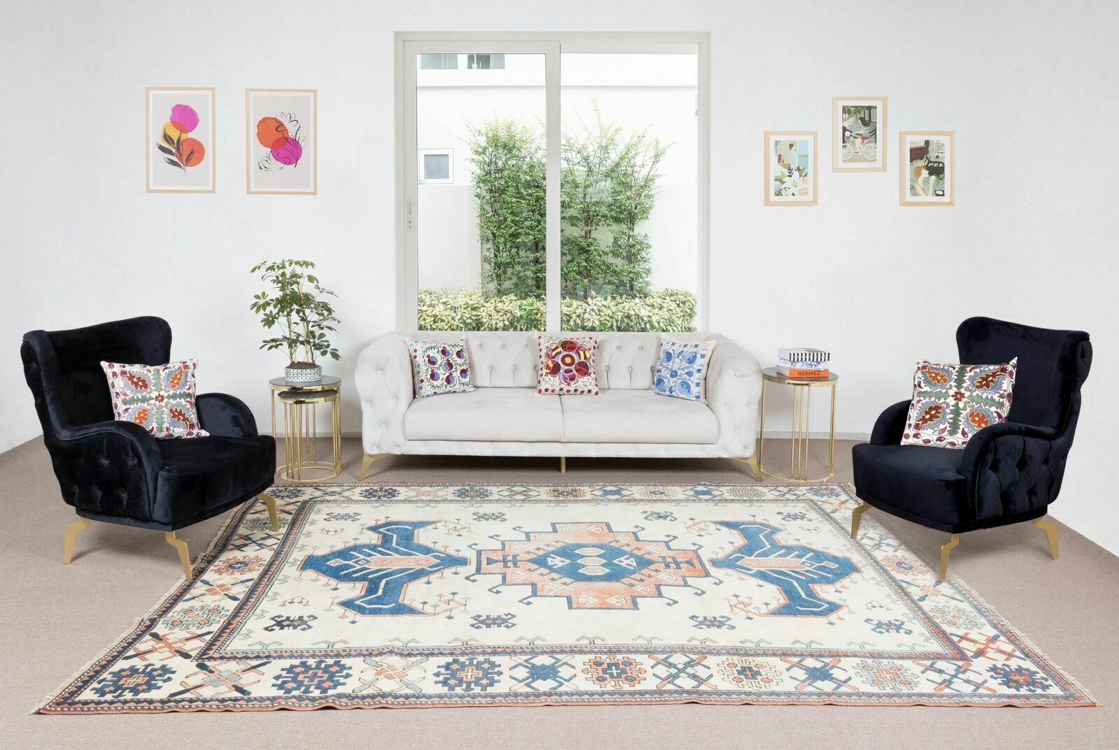 Tapis turc traditionnel unique en son genre, noué à la main, 2,35 x 3,32 m, vintage photo furniture