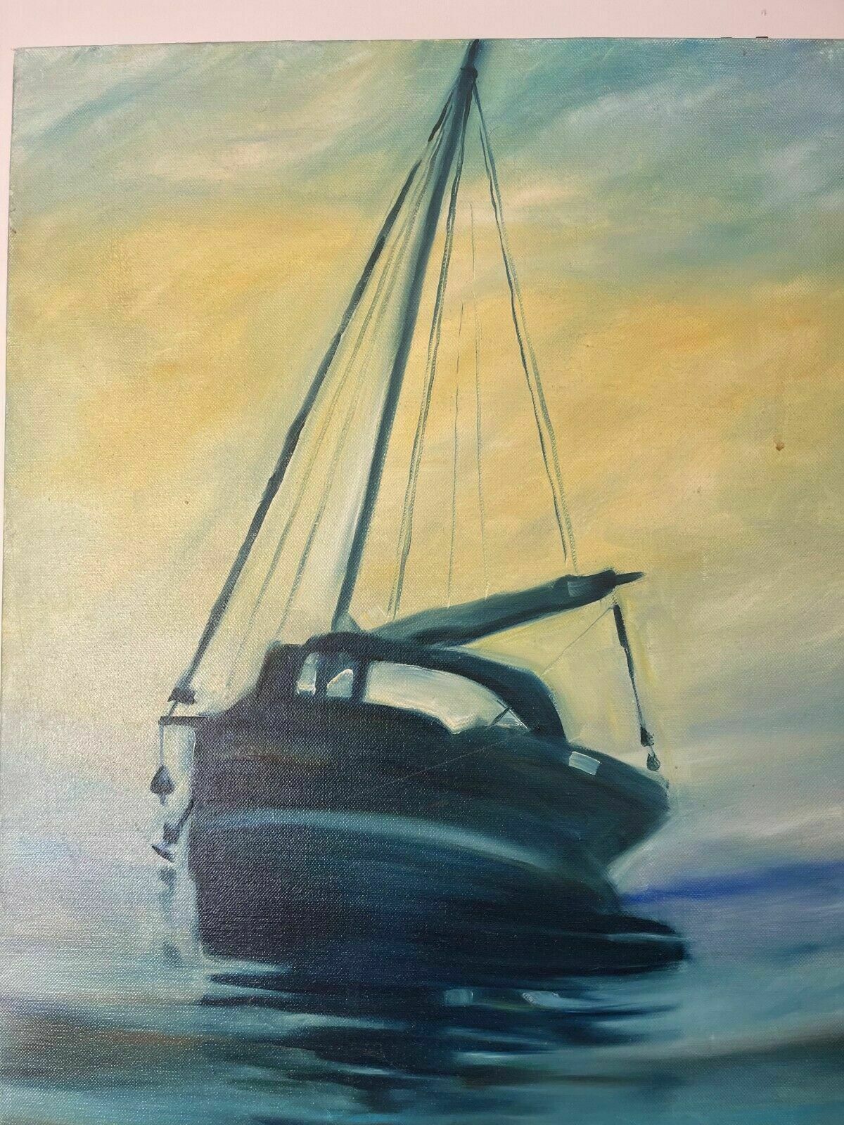 Blue Sail Boat On Still Water   Oil On Canvas By Sean Curley photo for sale