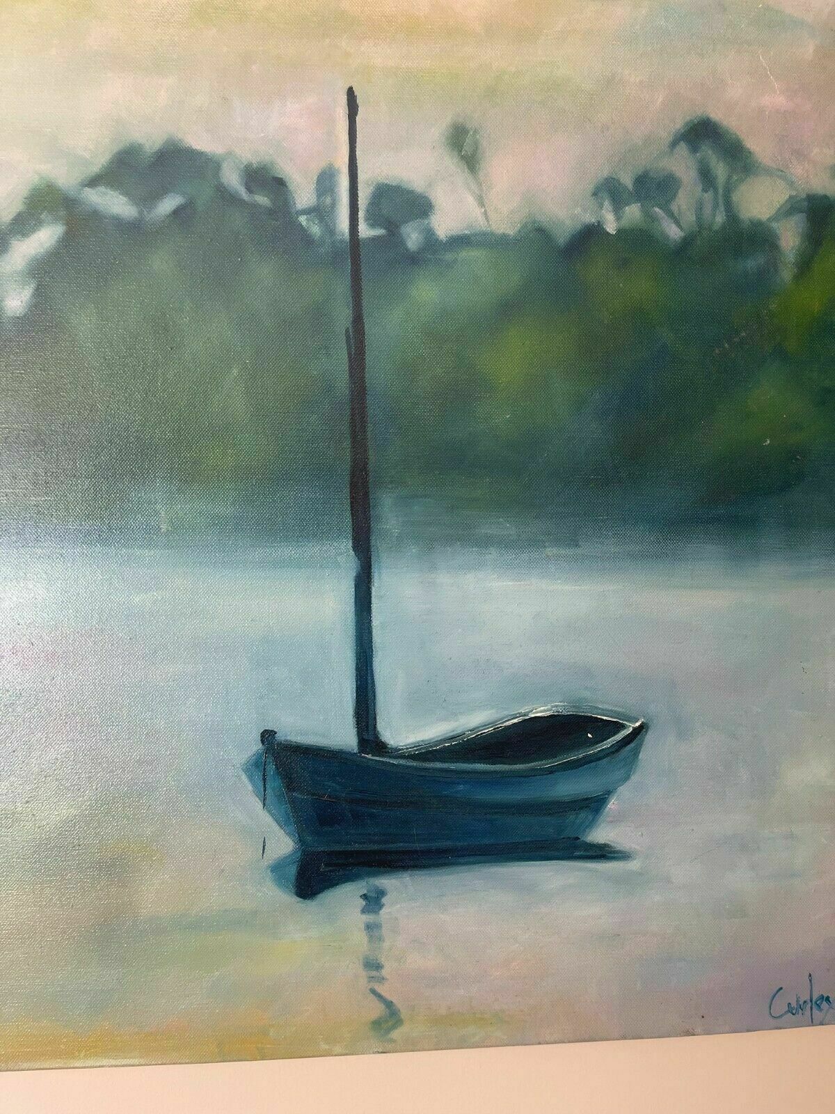 Blue Sail Boat On Still Water   Oil On Canvas By Sean Curley photo for sale