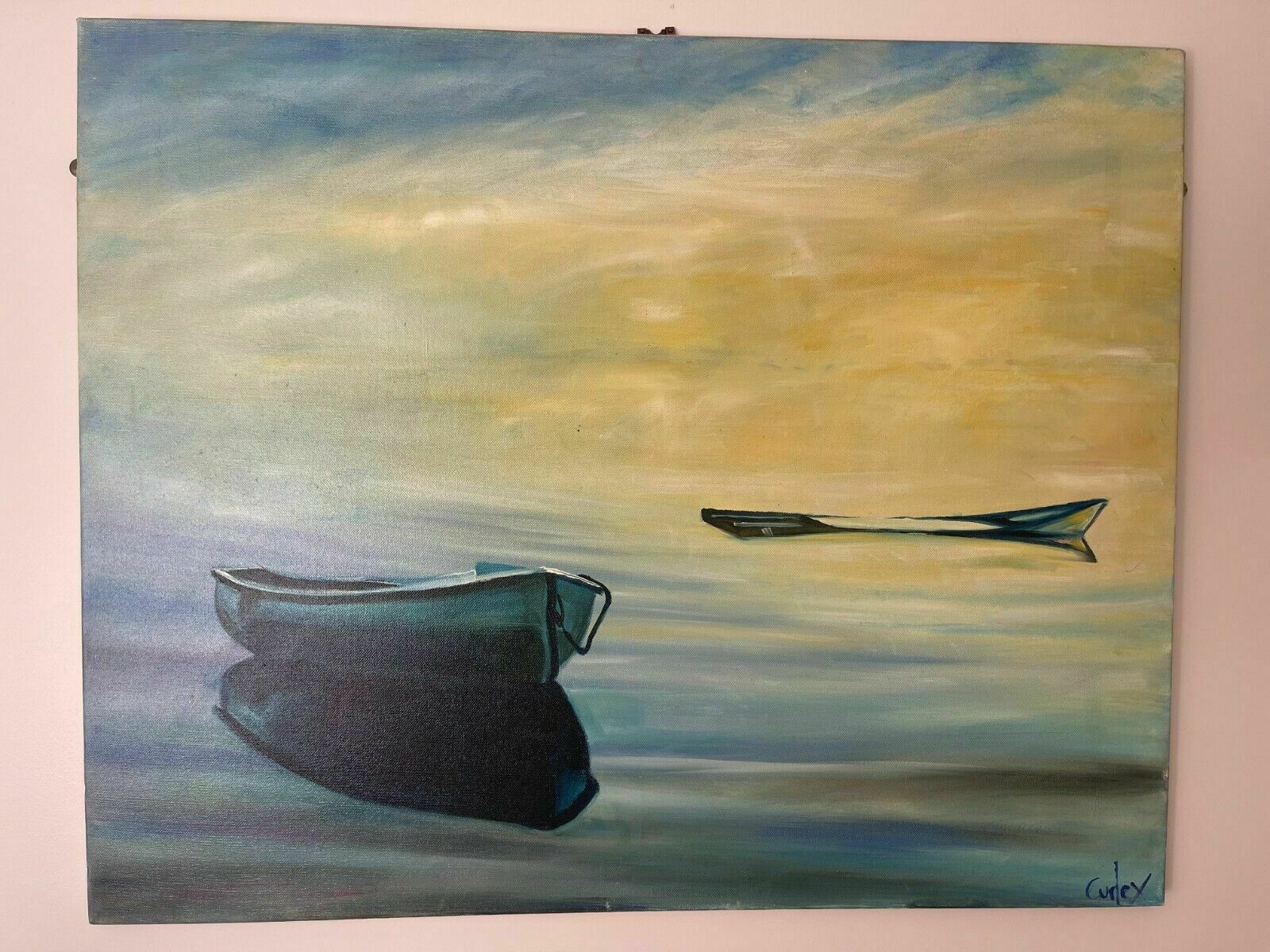 2 Blue Boats On Still Water   Oil On Canvas By Sean Curley