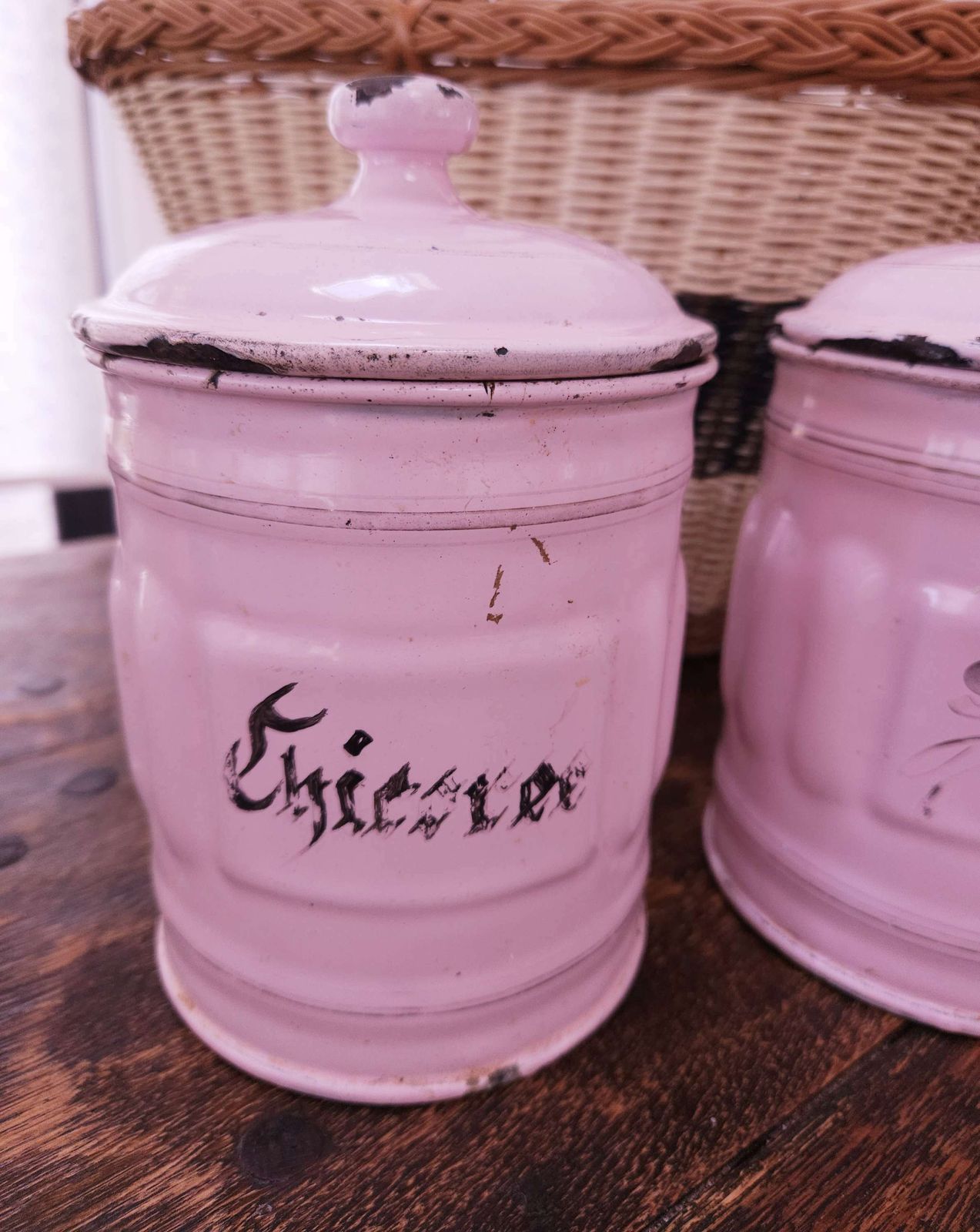Pair Of French Art Deco Enamel Storage Canisters In Pastel Pink