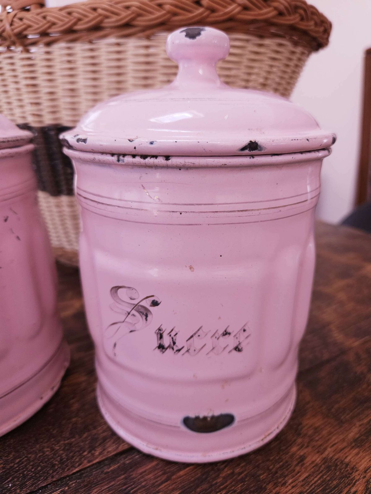 Pair Of French Art Deco Enamel Storage Canisters In Pastel Pink photo for sale