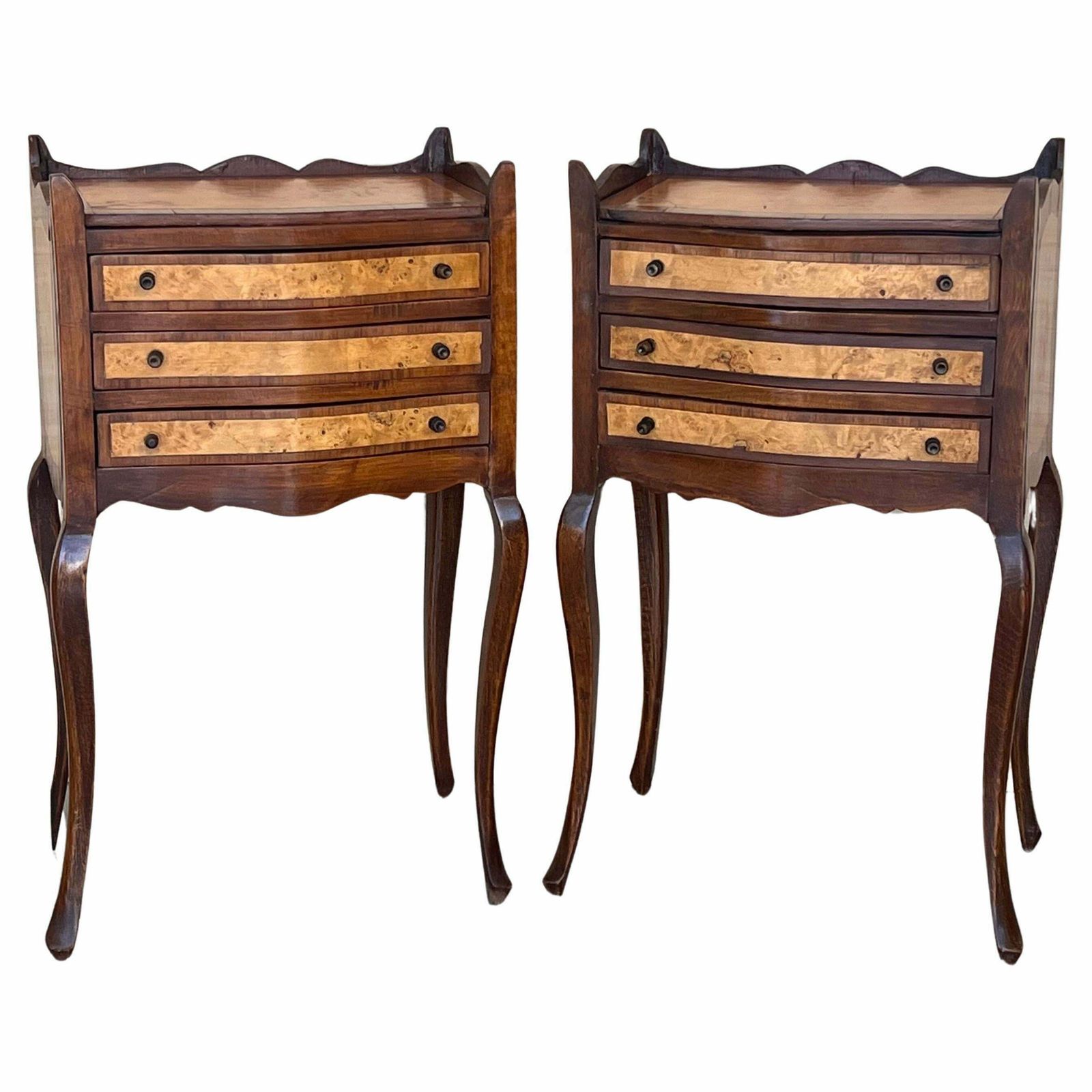 French Nightstands In Walnut With Three Drawers, 1940s, Set Of 2