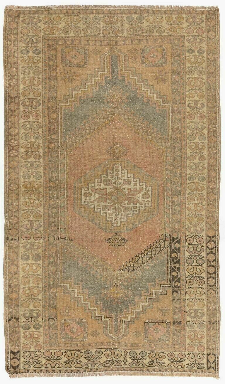 3.7x6.8 Ft Midcentury Hand Knotted Turkish Village Rug In Soft Colors