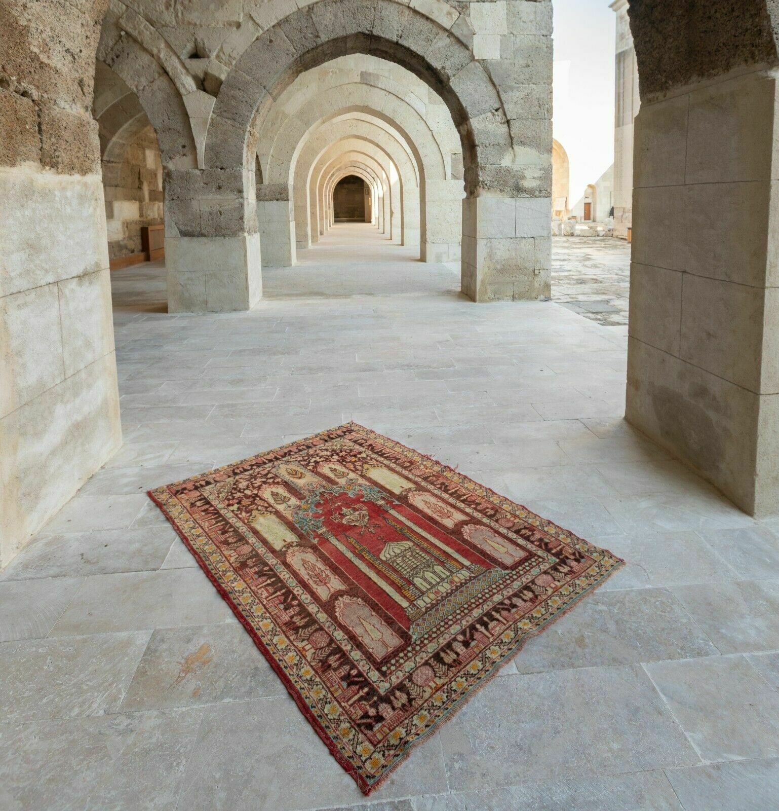 4.3x6 Ft Semi Antique Handmade Cappadocia Wool Prayer Rug From Turkey, Ca 1940 photo for sale