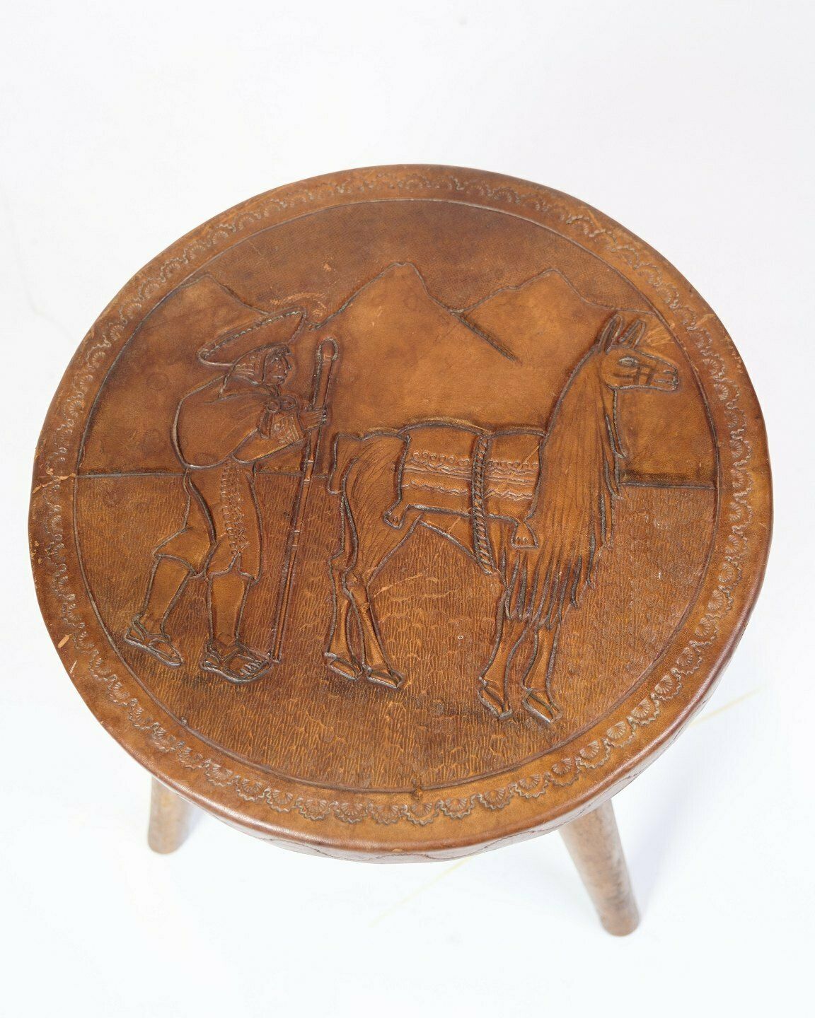 Antique Stool  With Motif Of Farmer With Alpaca From 1940s photo furniture