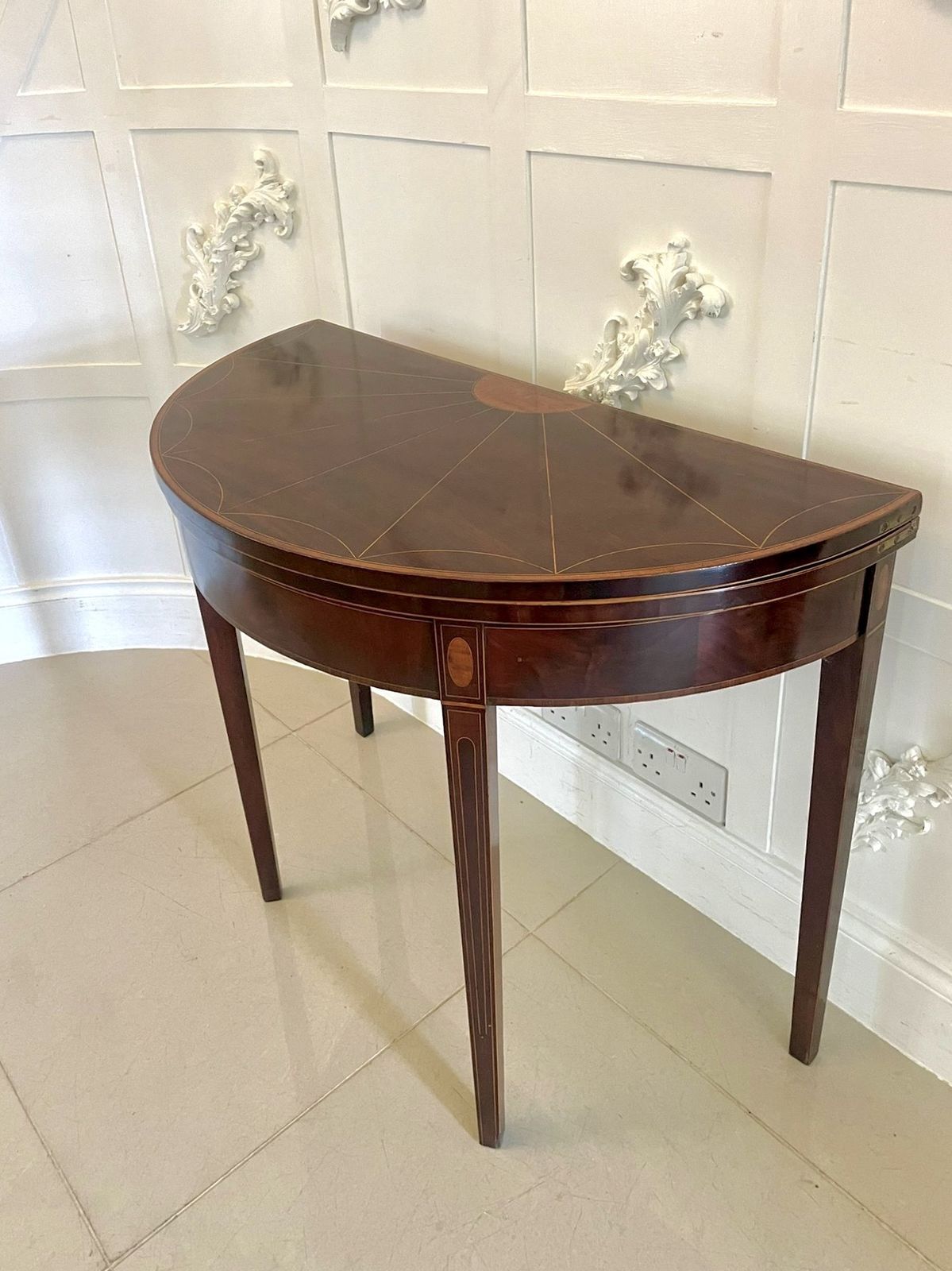 Fine Quality Antique 18th Century Mahogany And Satinwood Inlaid Demi Lune Shaped Card Table photo vintage
