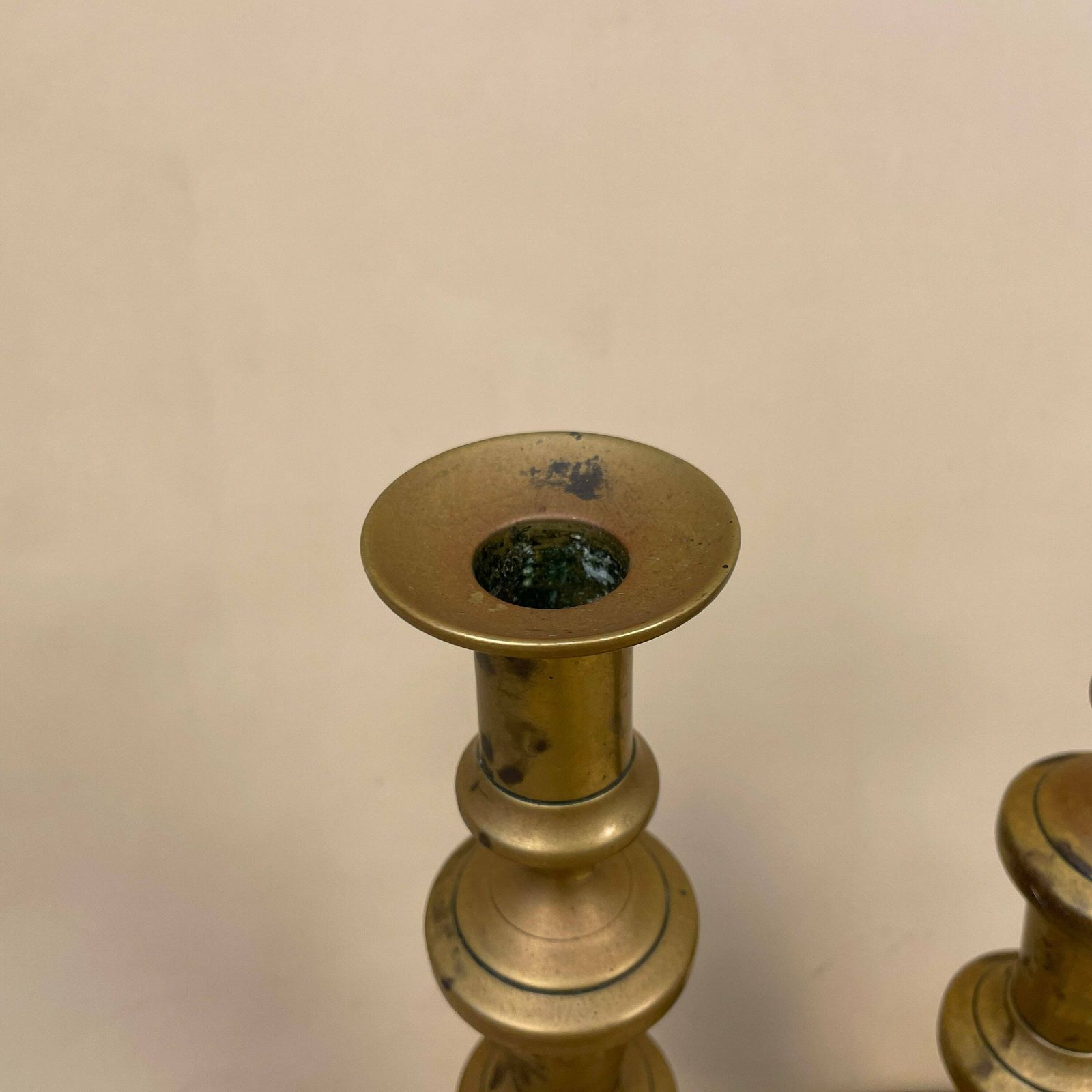 Antique Matching Pair Of Gold Brass Metal Candlestick Candle Stick Vintage Column Taper Dinner Candlesticks Square Base Column photo for sale