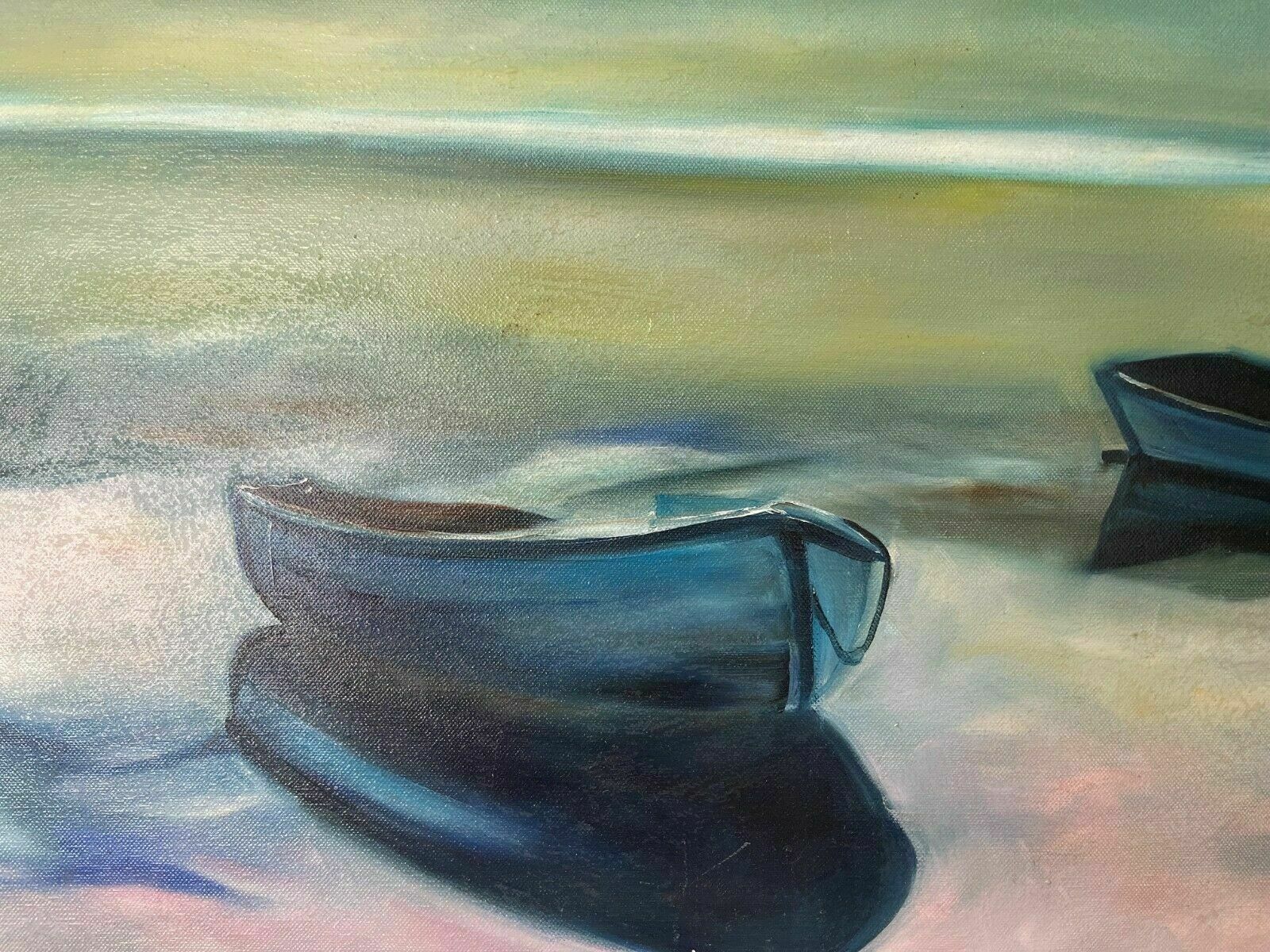 2 Blue Boats On Still Water   Oil On Canvas By Sean Curley photo for sale
