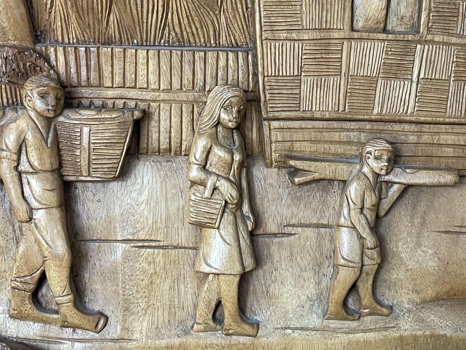 photo furniture Large Teak Panel With Carved Scene Of Thai Village And Forest
