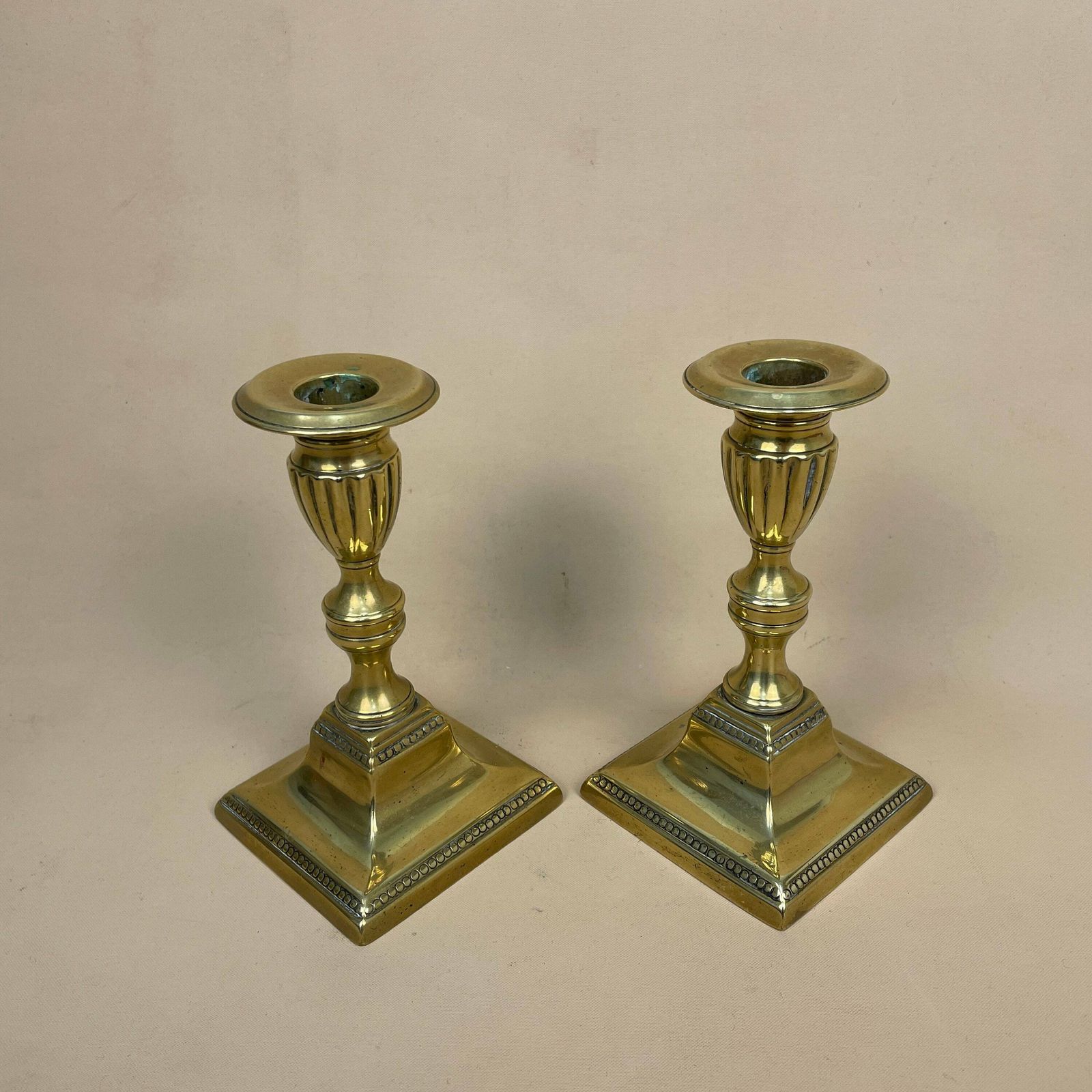 Antique Matching Pair Of Gold Brass Metal Candlestick Candle Stick Vintage Column Taper Dinner Candlesticks Square Base Column Pillar photo furniture