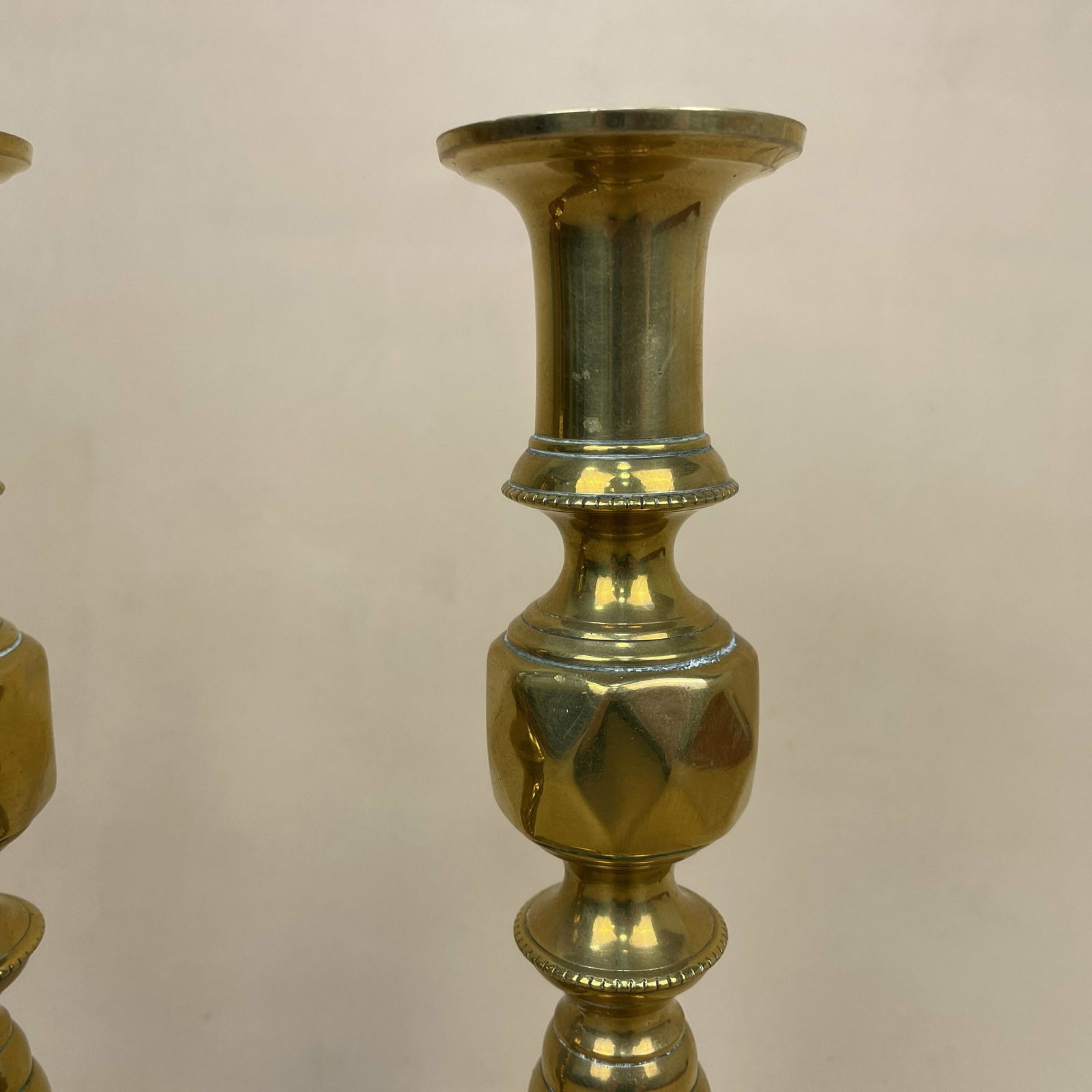 Antique Matching Pair Of Gold Brass Metal Candlestick Candle Stick Vintage Column Taper Dinner Candlesticks Square Base Column Pillar photo for sale