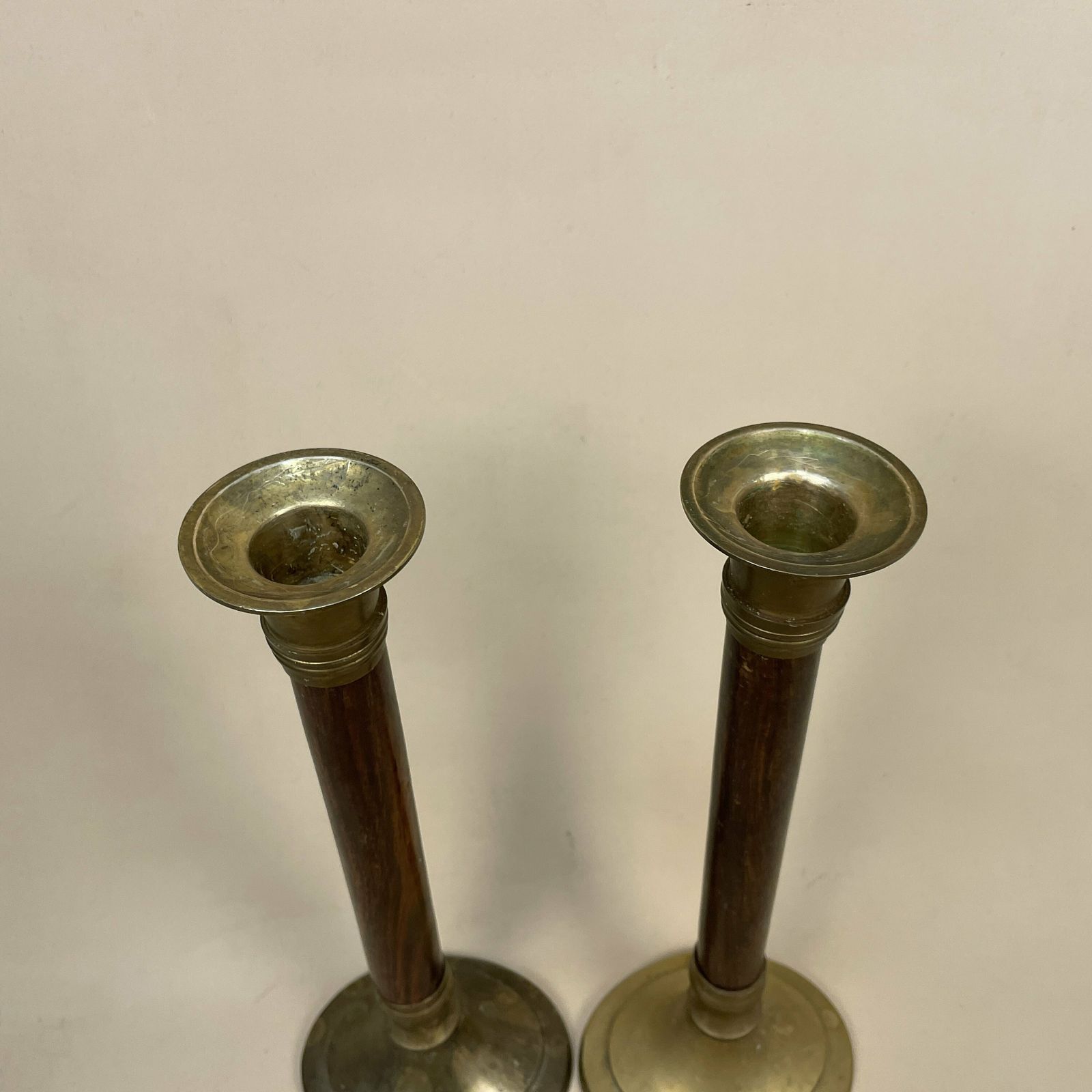 Antique Matching Pair Of Gold Brass Metal Candlestick Candle Stick Vintage Taper Dinner Candlesticks Round Base Column Pillar Wood Wooden photo 59.0