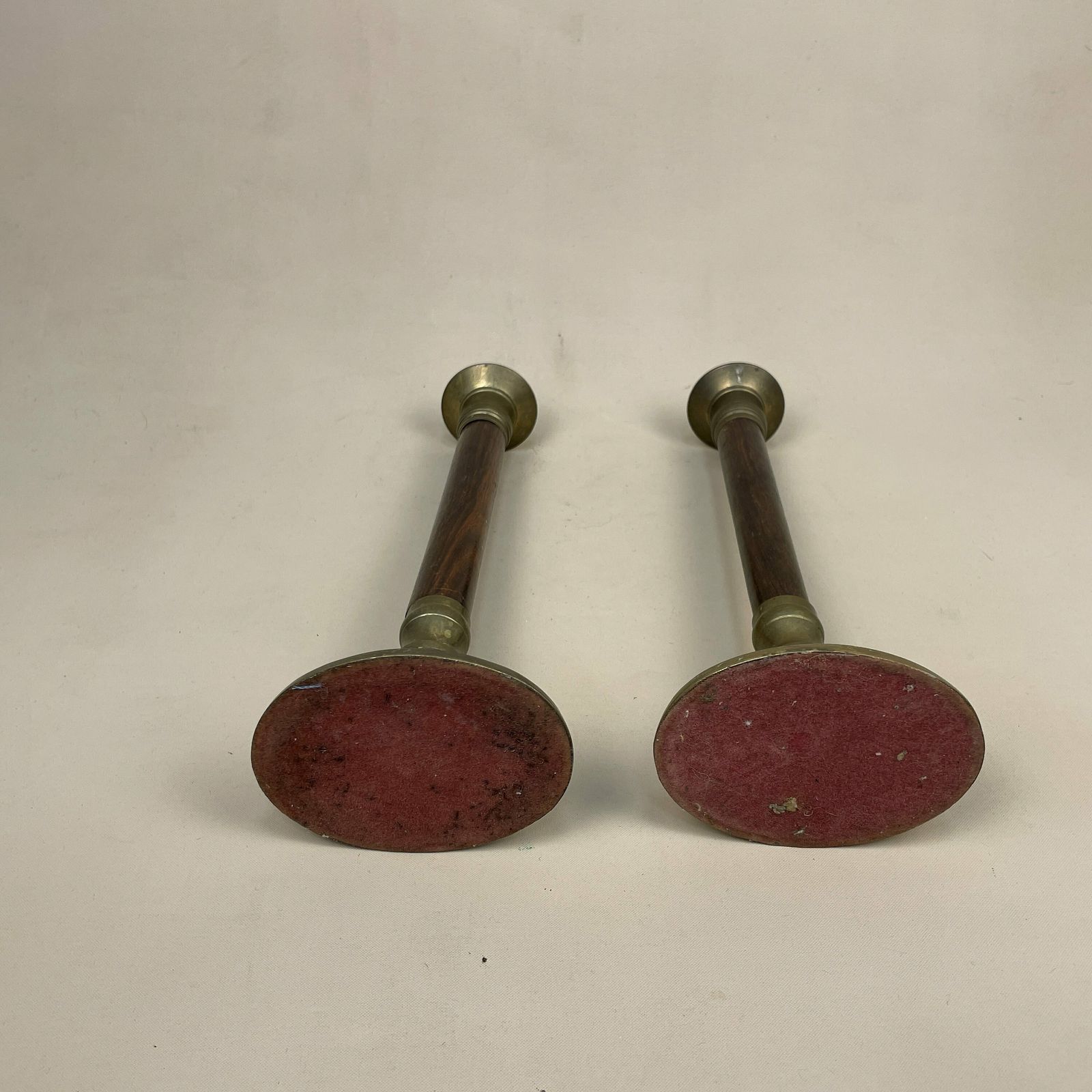 Antique Matching Pair Of Gold Brass Metal Candlestick Candle Stick Vintage Taper Dinner Candlesticks Round Base Column Pillar Wood Wooden photo buy