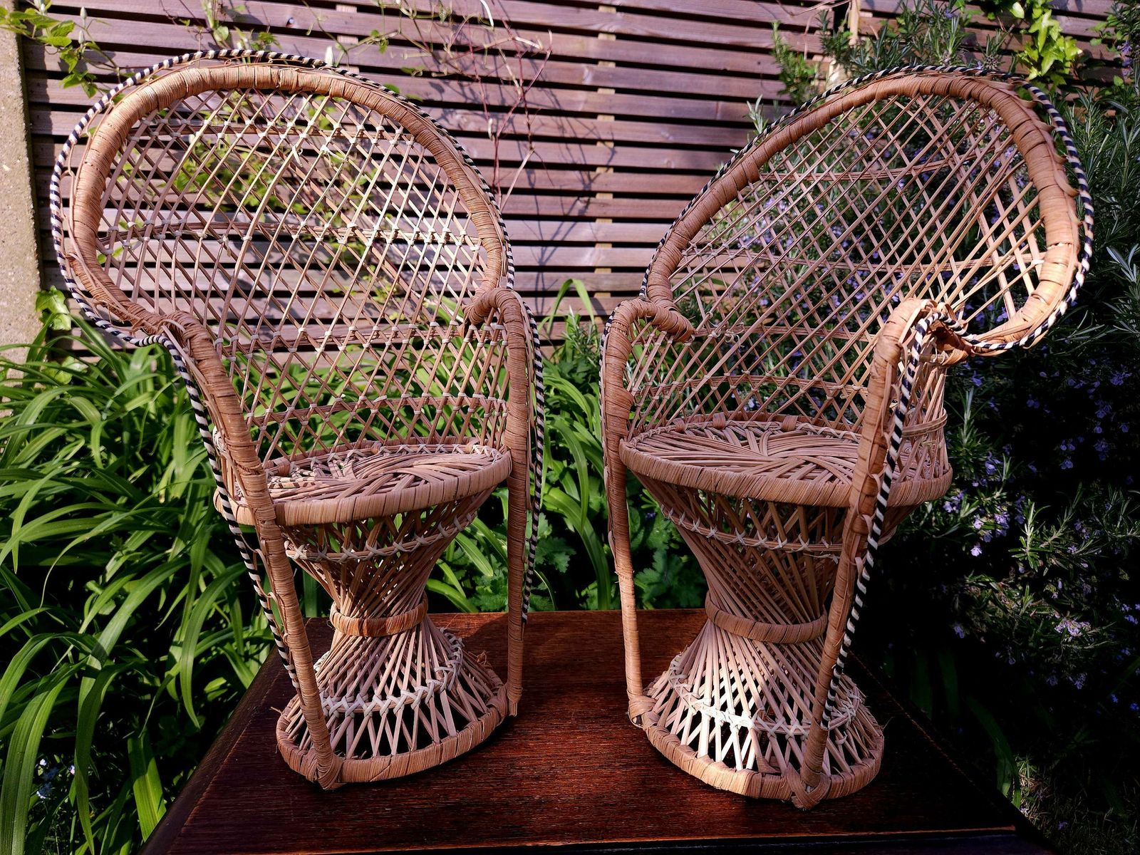 Charming Pair Of Miniature Wicker Peacock Chairs For Dolls