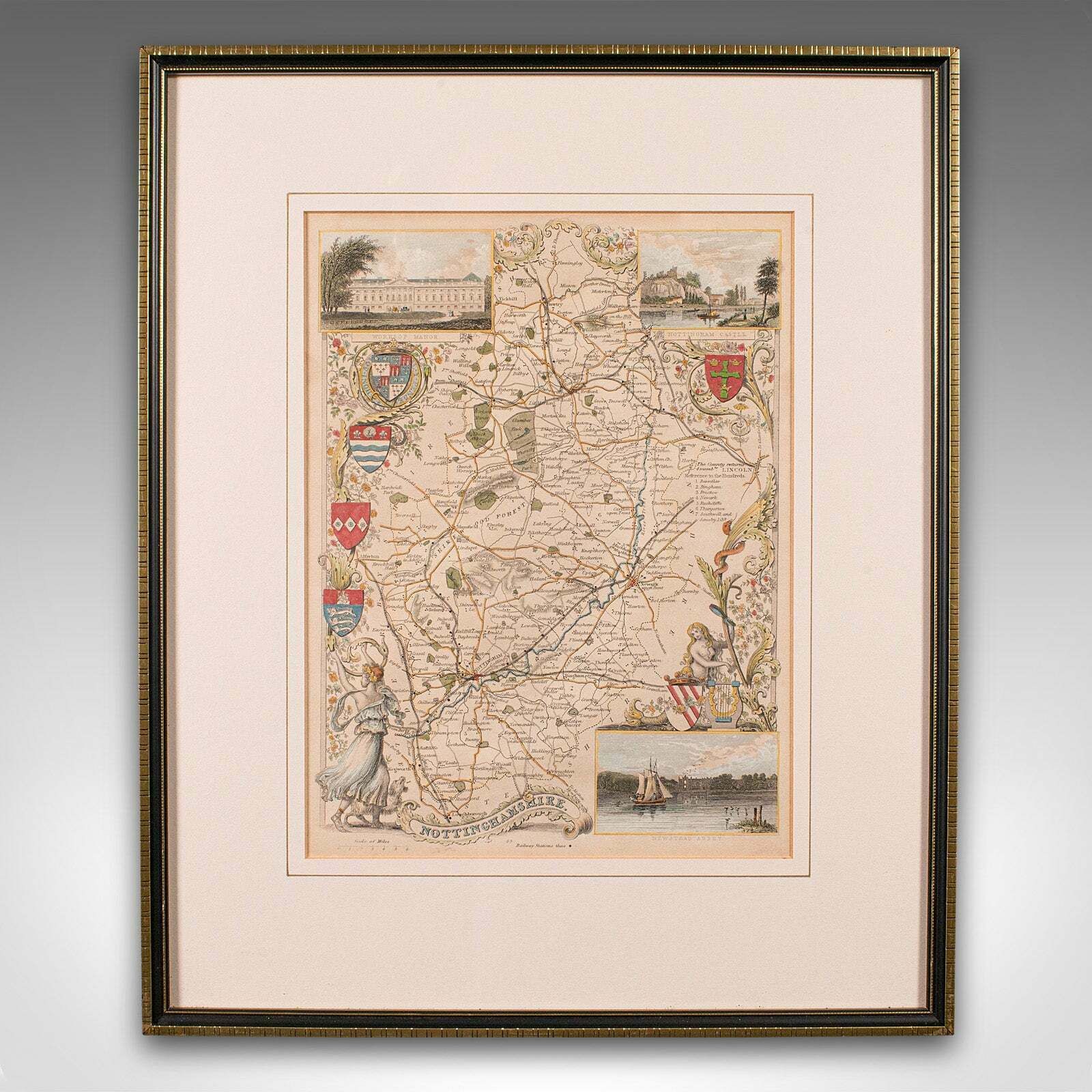 Antique Nottinghamshire Map, English, Framed, Cartographic Interest, Victorian photo furniture
