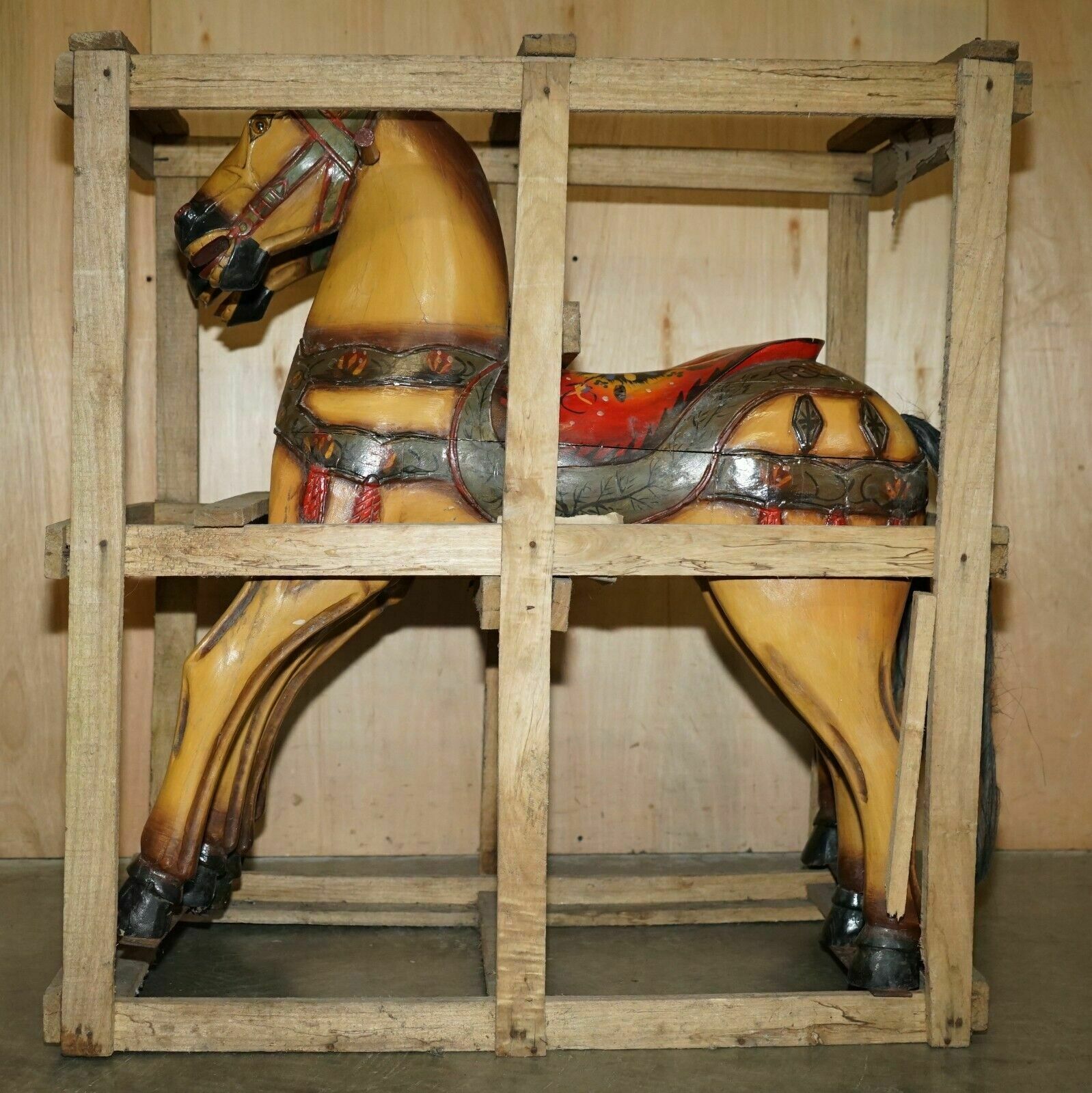 Pair Of Circa 1890 Original Paint New Old Stock Crated Fairground Ride Horses photo buy