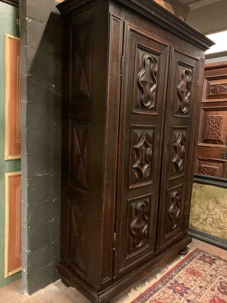 photo for sale Wardrobe In Poplar Wood, Two Doors With Six Diamond Carved Panels, Italy