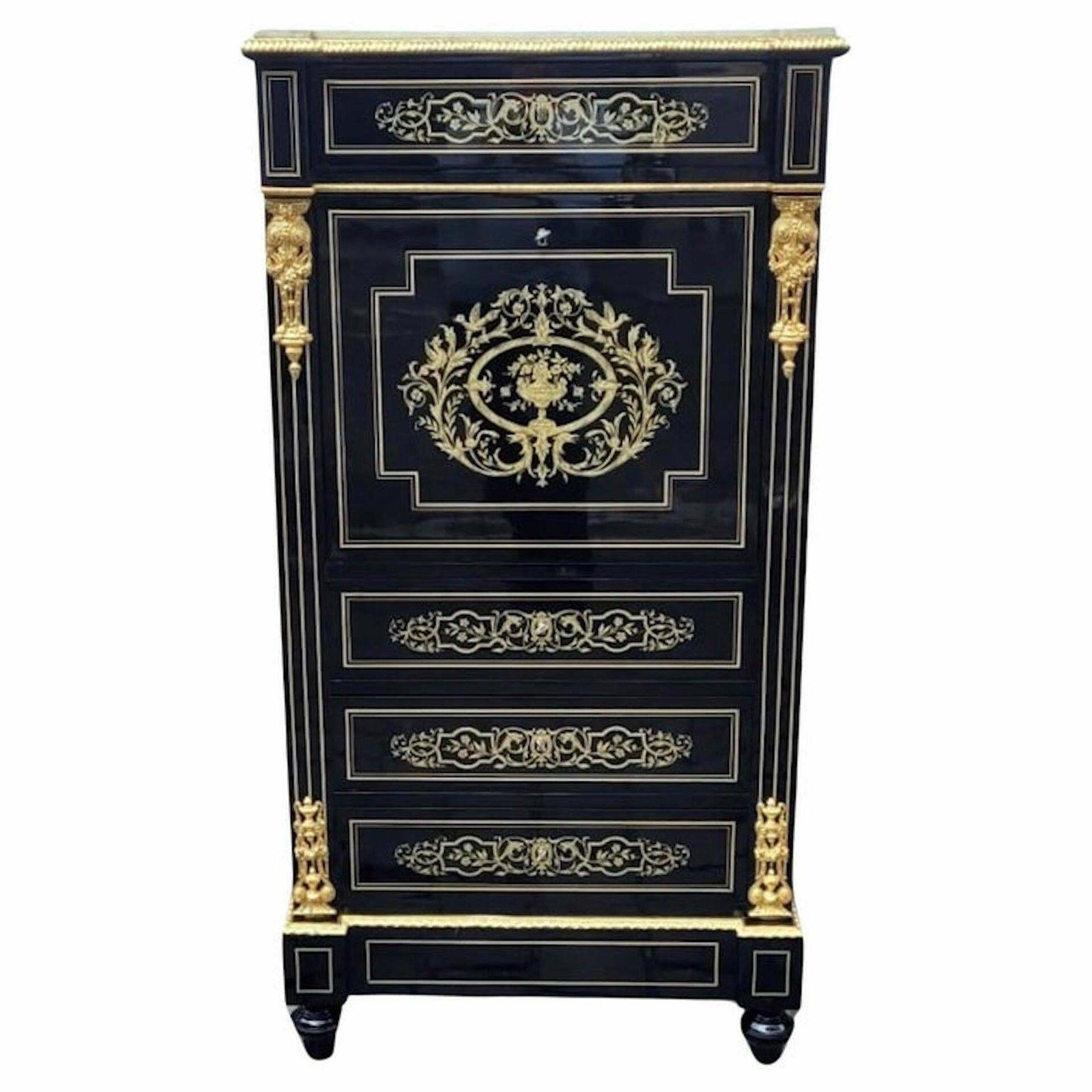 Napoleon III Secretary In Blackened Pear Wood   Brass Marquetry photo vinterior