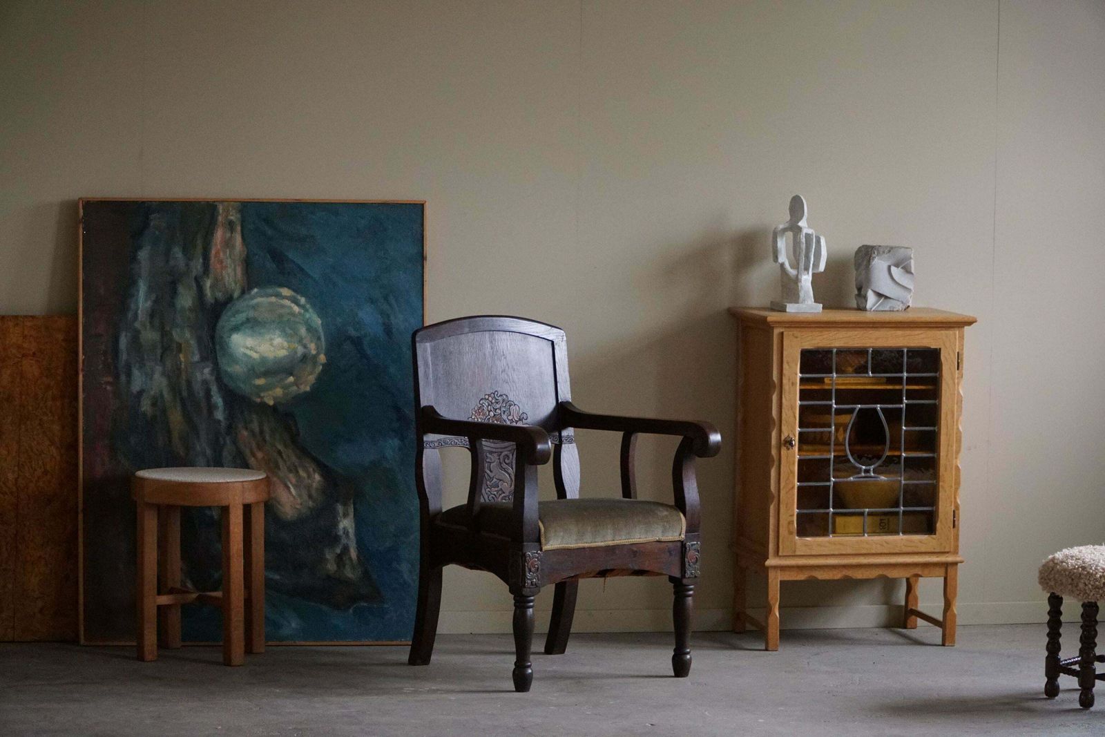 Hand Carved Armchair In Oak & Velvet, Danish Cabinetmaker, Jugendstil, 1939 photo for sale