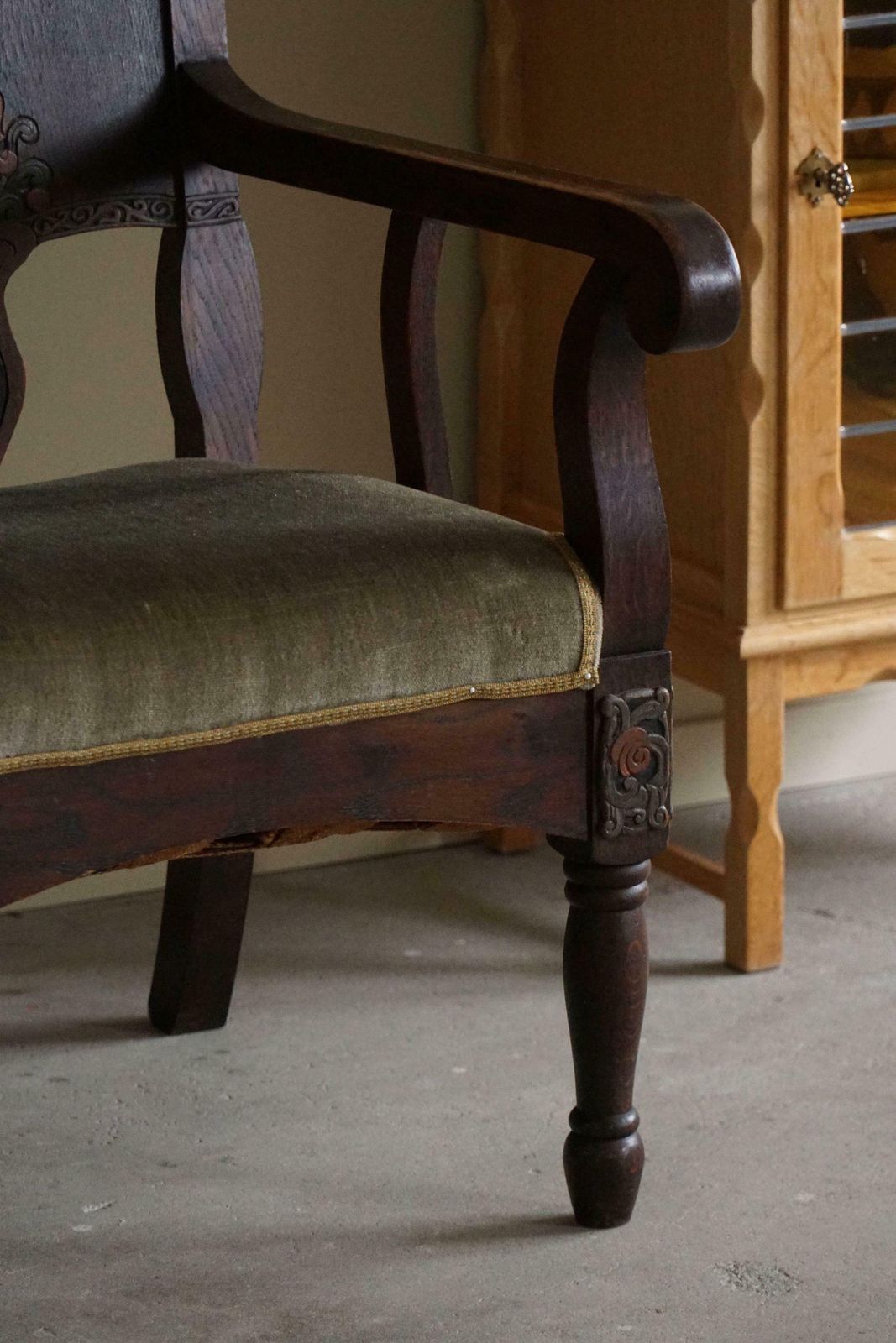 Furniture Hand Carved Armchair In Oak & Velvet, Danish Cabinetmaker, Jugendstil, 1939 photo