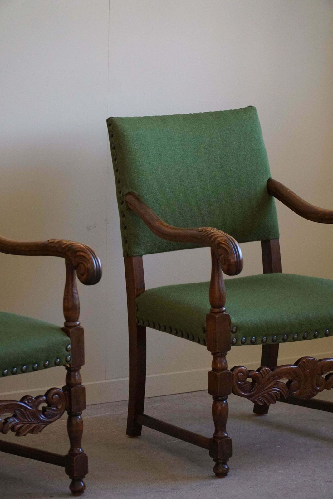 photo buy Armchairs In Oak & Wool, Louis XIII Style, By A French Cabinetmaker In The 1930s