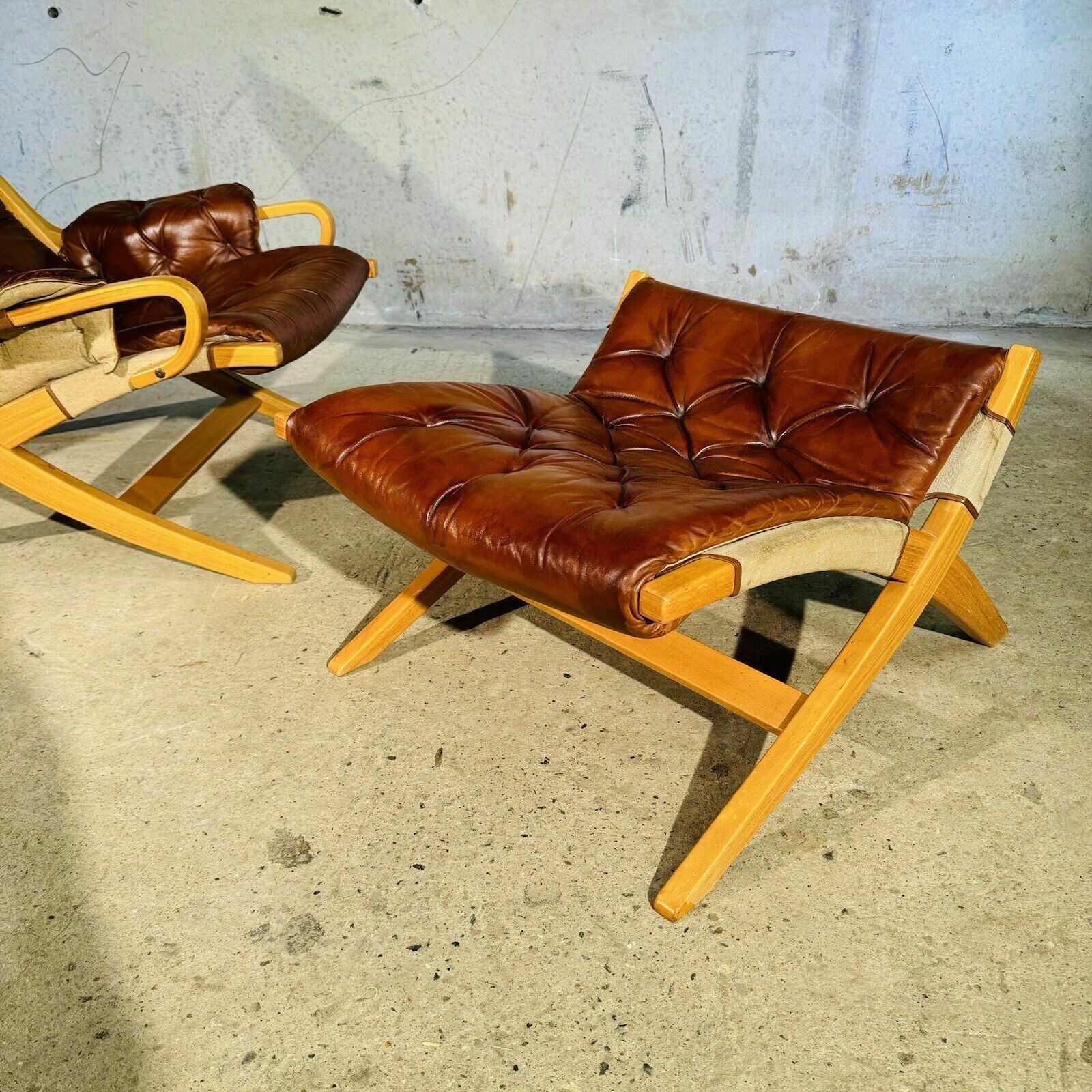 Stylish Swedish 70s Tan Leather And Canvas Armchair And Footstool photo buy
