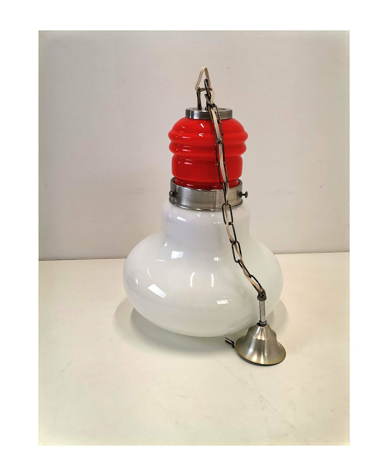 Large Mid Century Bulb Pendant Light / Orange & White Glass And Metal / 70s Space Age Hanging Lightbulb photo Lighting