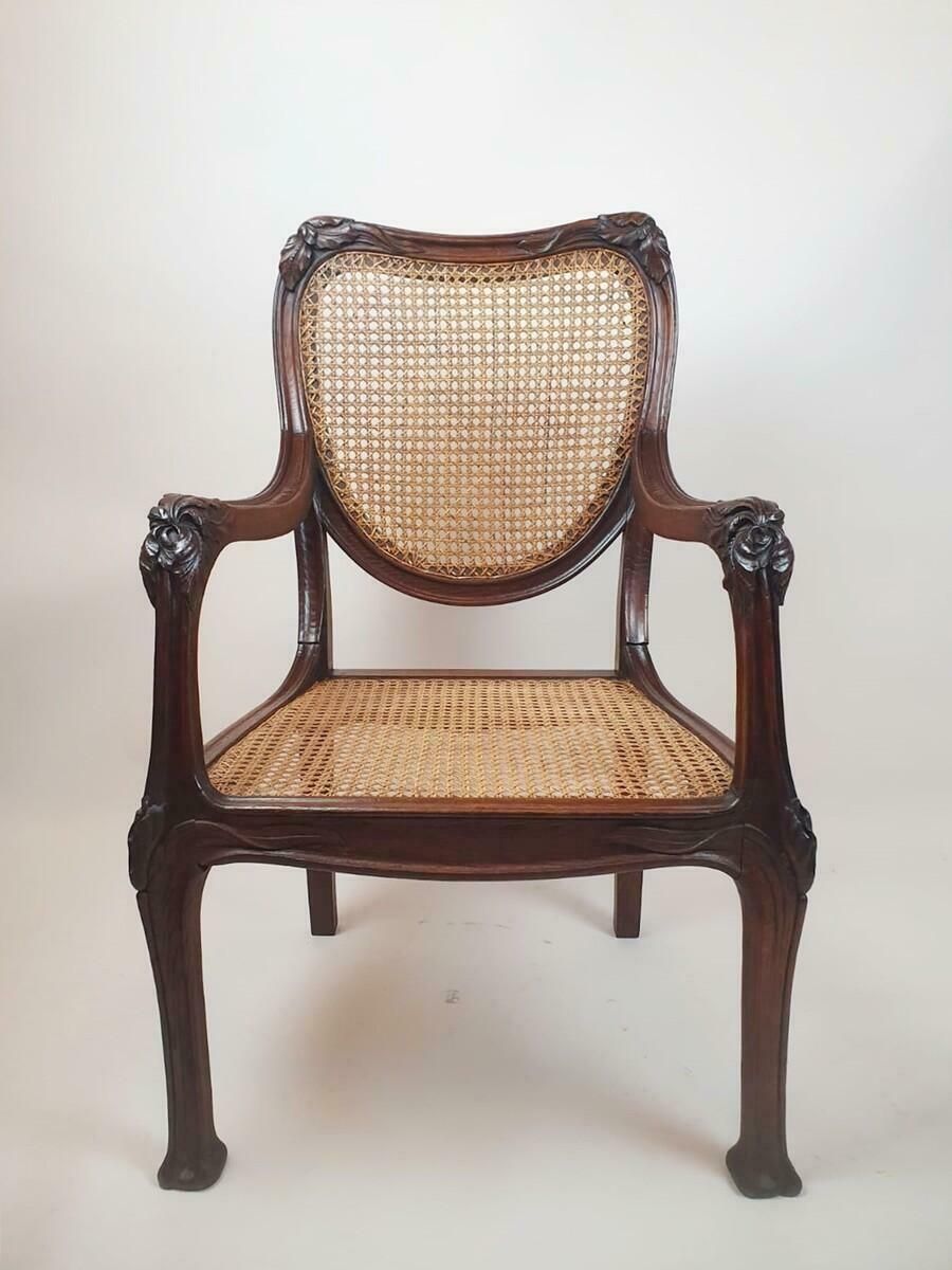 Furniture Art Nouveau Armchair In Oak And Canework photo