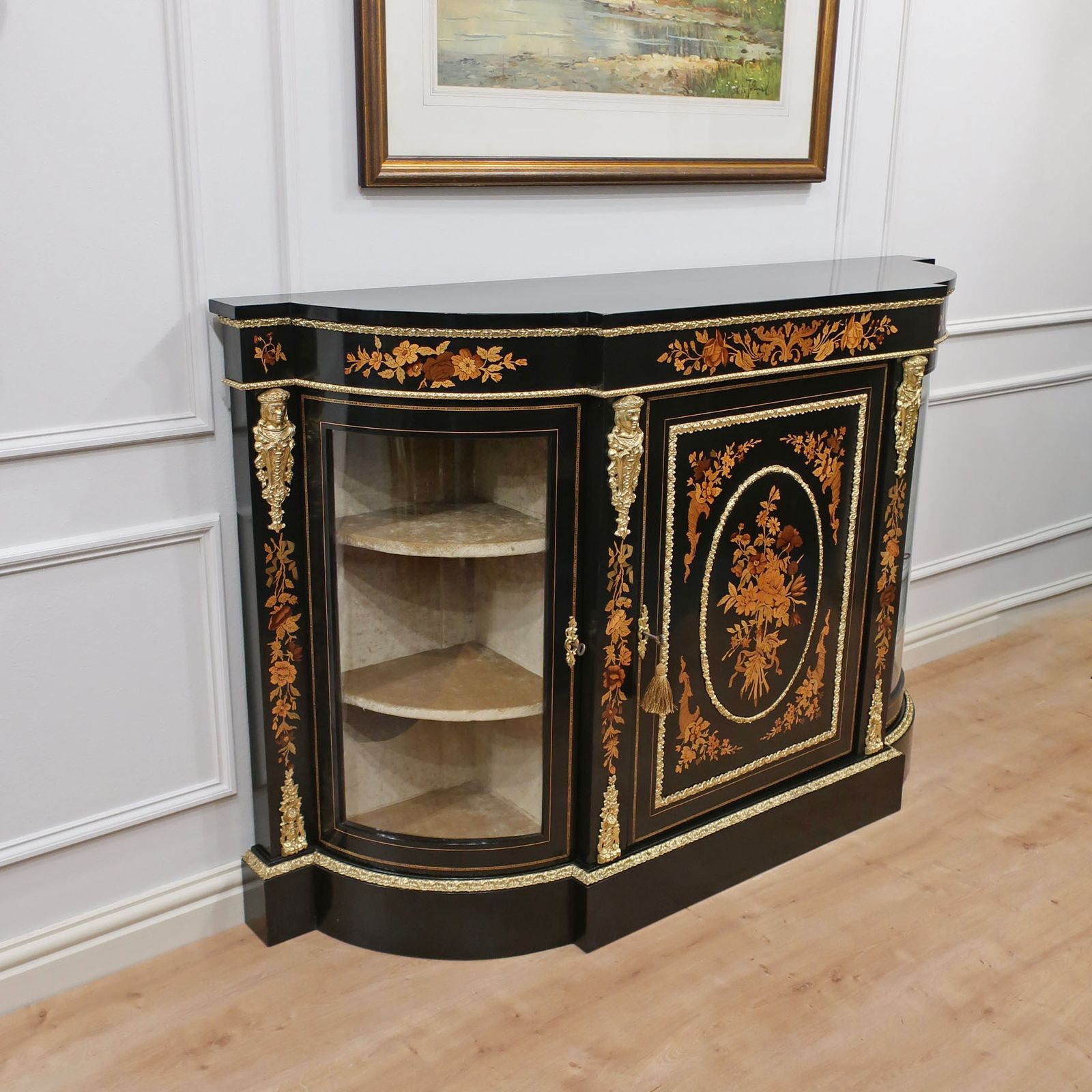 photo for sale Victorian Black And Marquetry Inlaid Display Side Cabinet