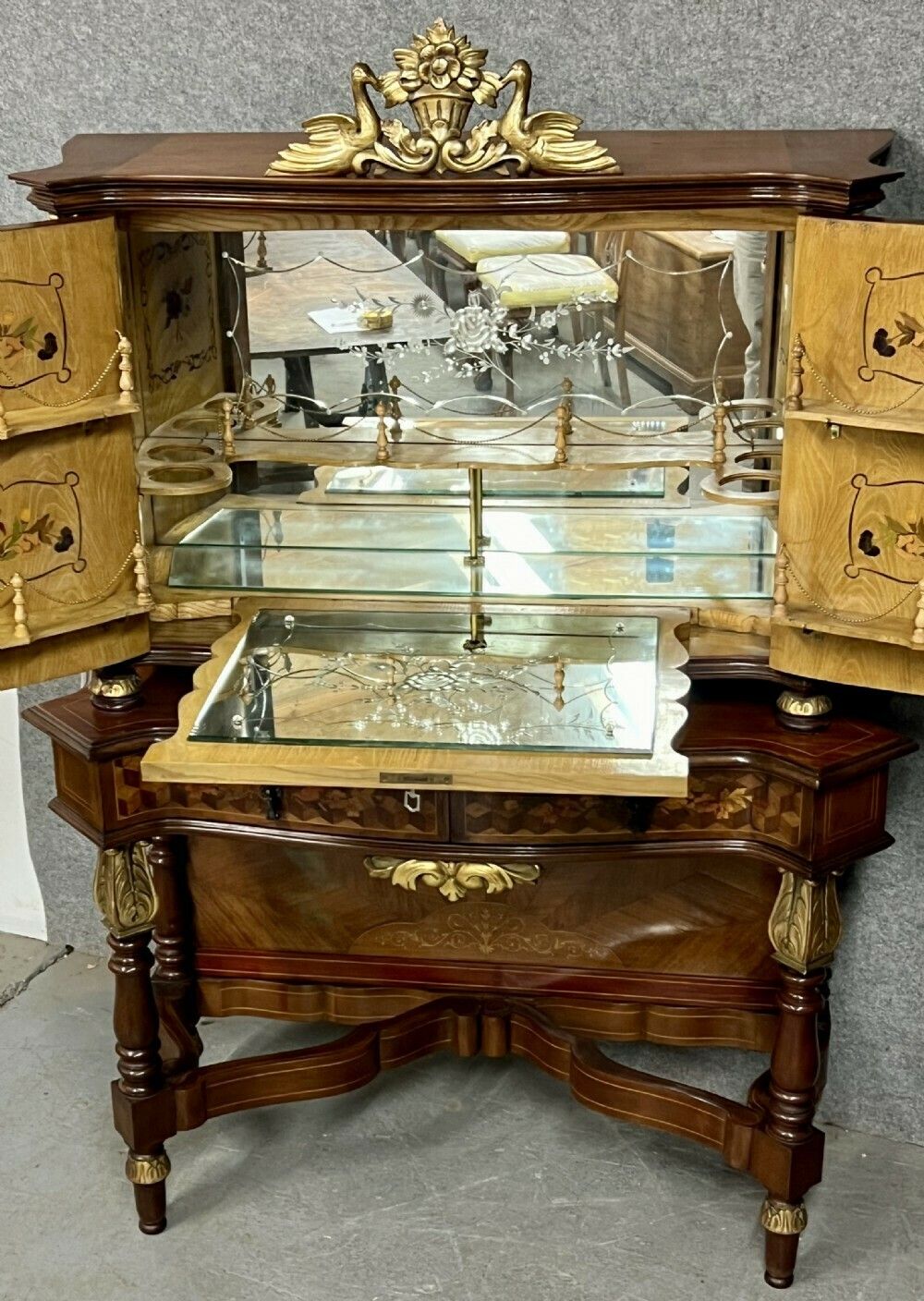 Stunning Serpentine Shaped Marquetry Inlaid Cocktail Cabinet photo for sale