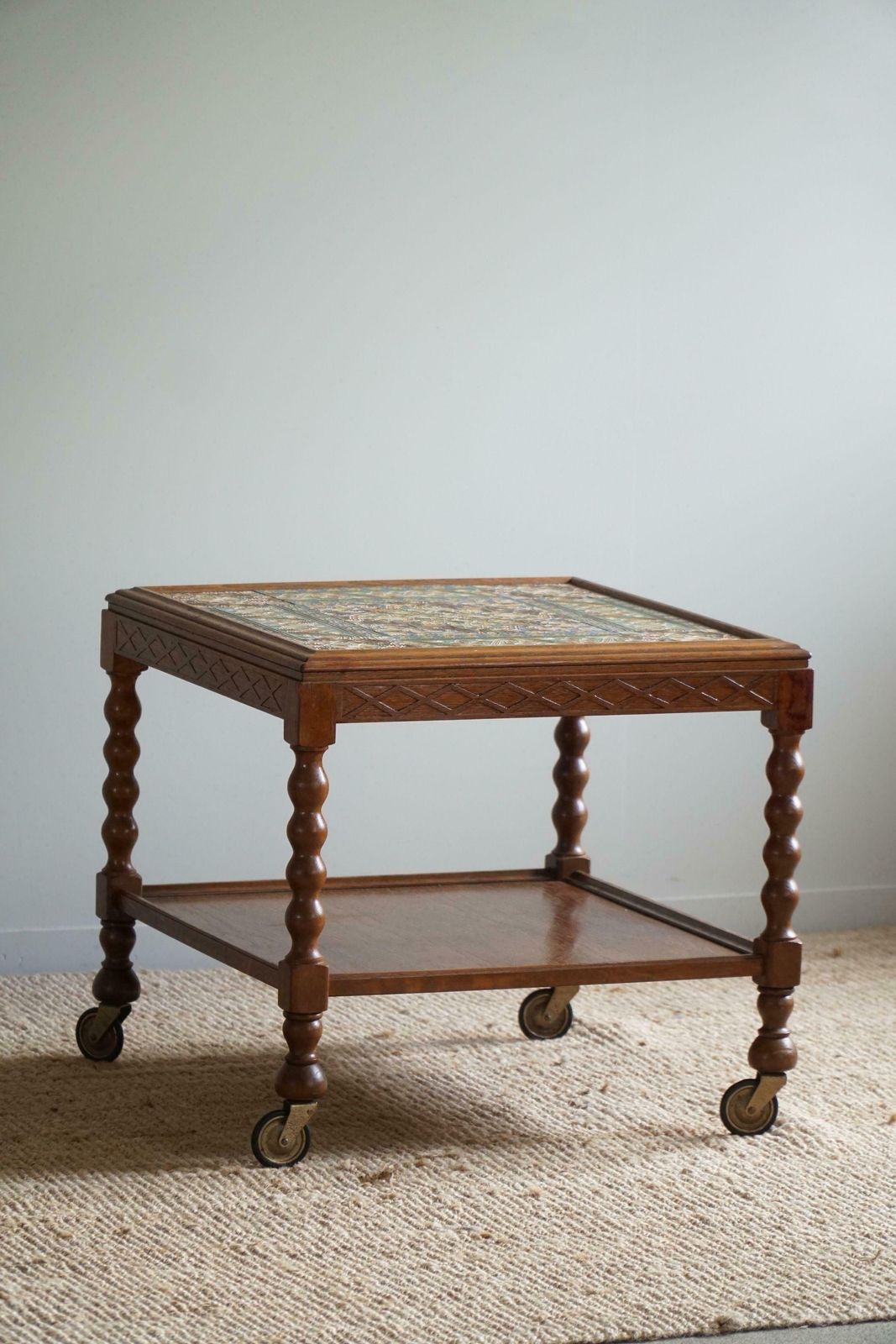 Furniture Danish Modern, Serving Table With Bobbin Turned Legs & Colorful Tiles, 1950s photo