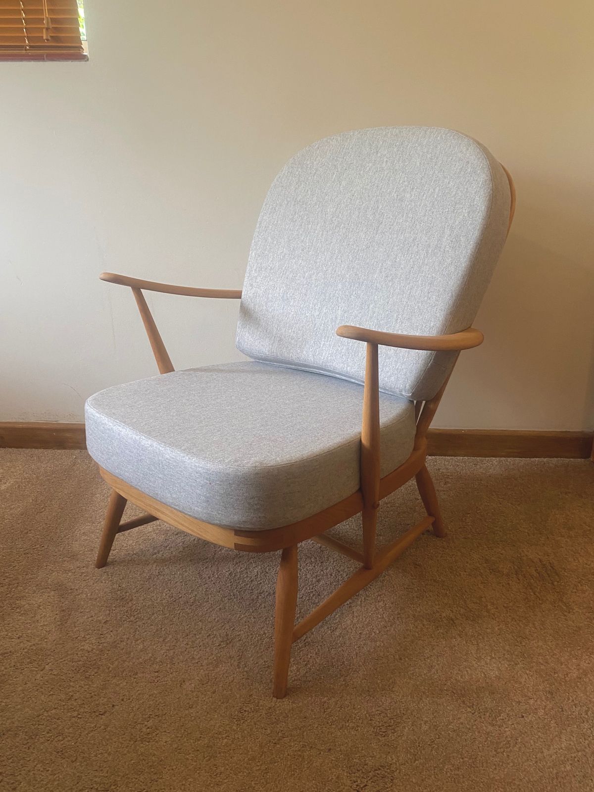 Vintage Ercol 335 Armchair With Pebble Grey Wool Cushions