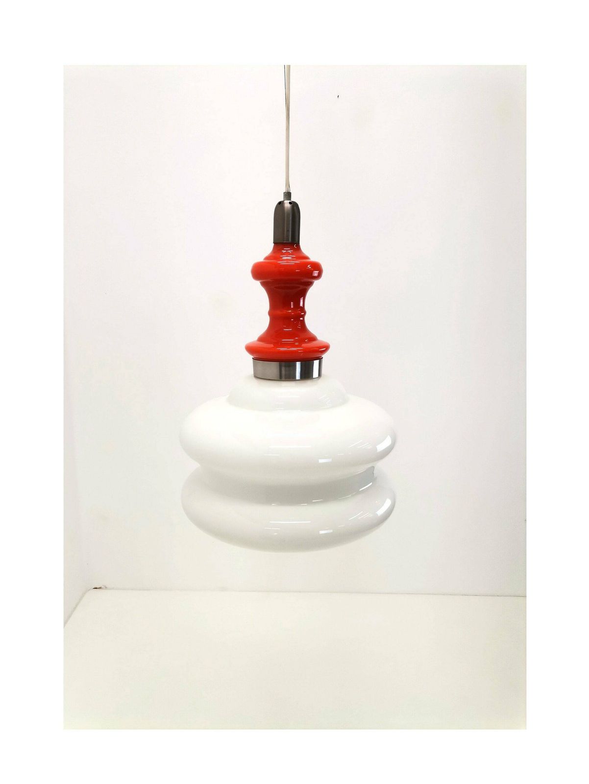 Large Mid Century Opaline Glass Pendant Light / Orange & White Glass And Metal / Modern Hanging Light