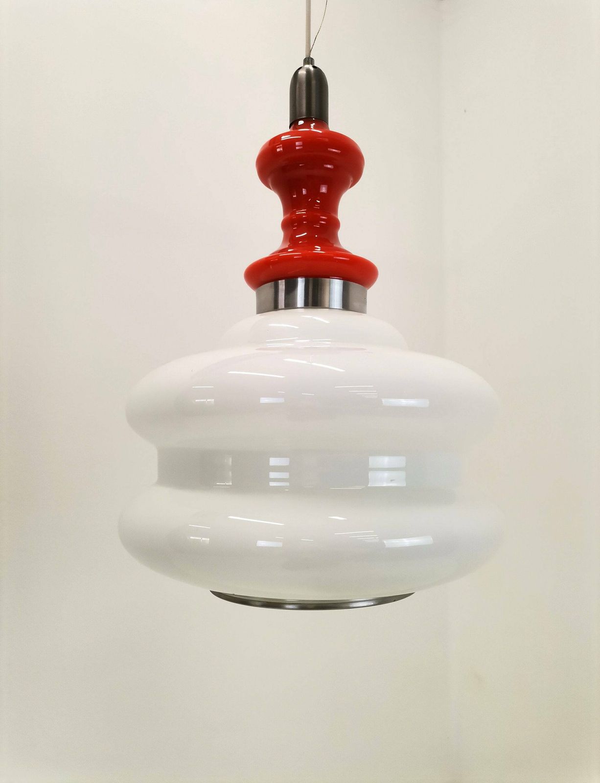 Large Mid Century Opaline Glass Pendant Light / Orange & White Glass And Metal / Modern Hanging Light photo for sale