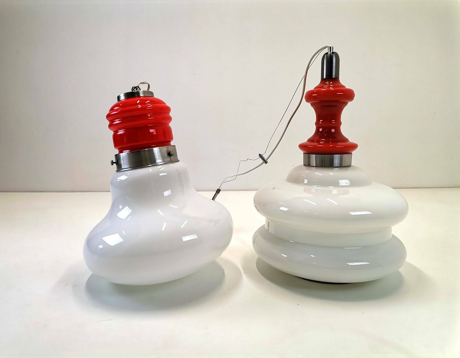 Large Mid Century Opaline Glass Pendant Light / Orange & White Glass And Metal / Modern Hanging Light photo buy