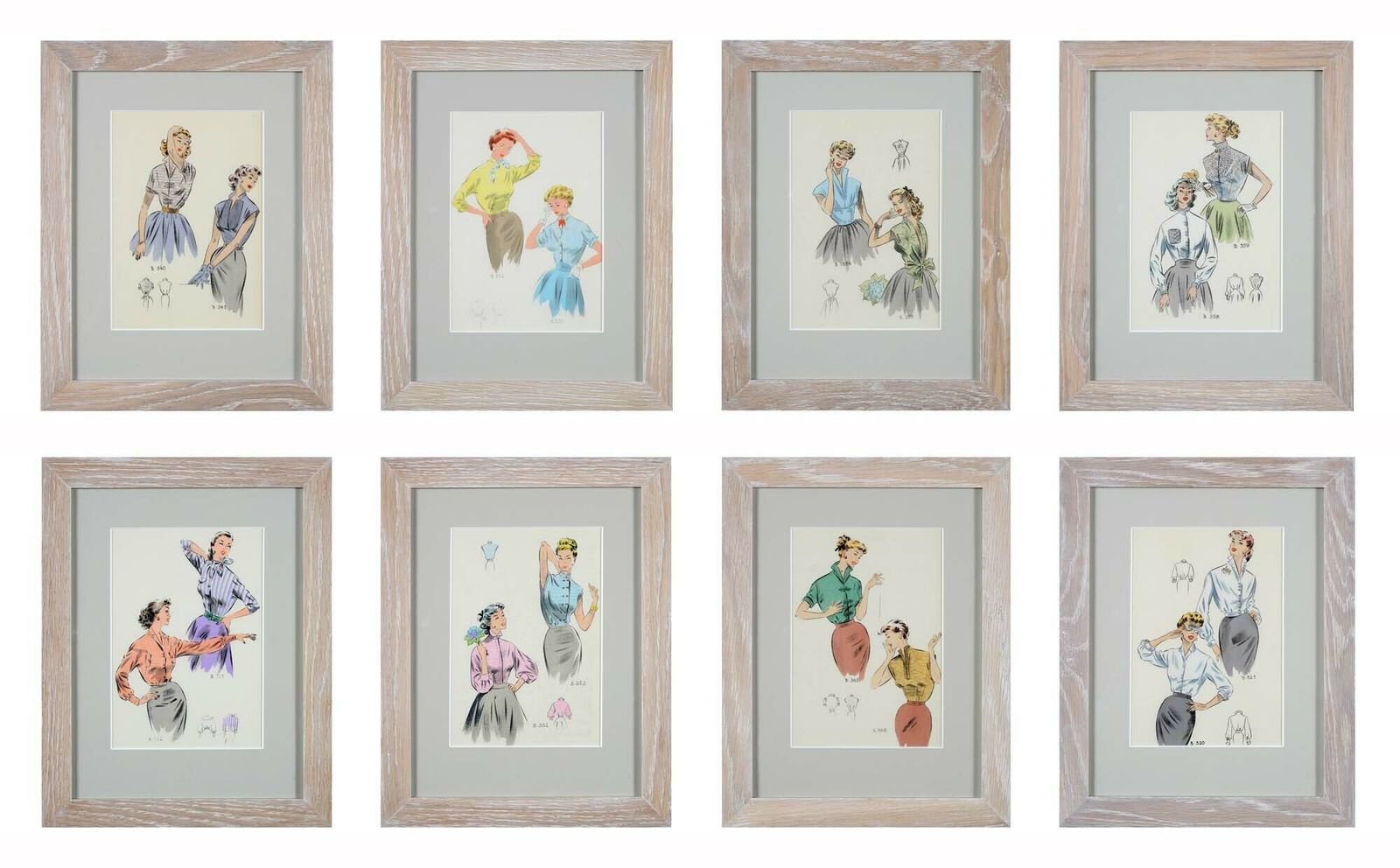 Set Of 8 1950's Vintage French Fashion Prints
