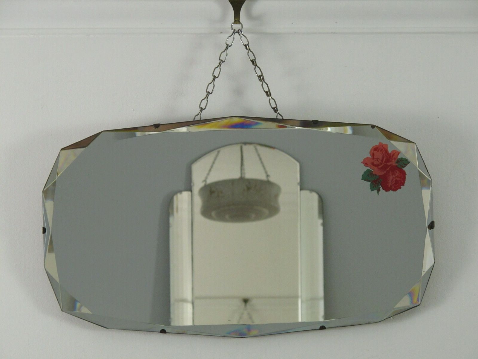 Art Deco Mirror. 14 Sided With Fancy Bevelled Edge And Rose Motif. Ready To Hang On Original Visible Chain. photo furniture