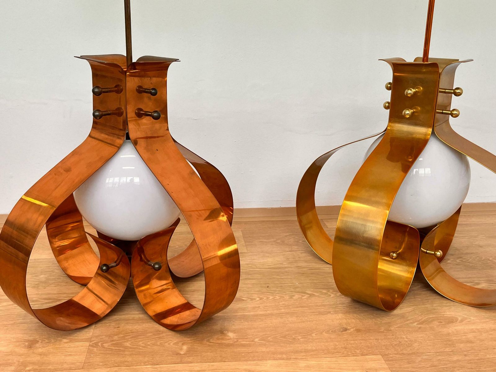 Xxl Pair Of Design Mid Century Large Brass Pendants Chandeliers 1980s photo vinterior