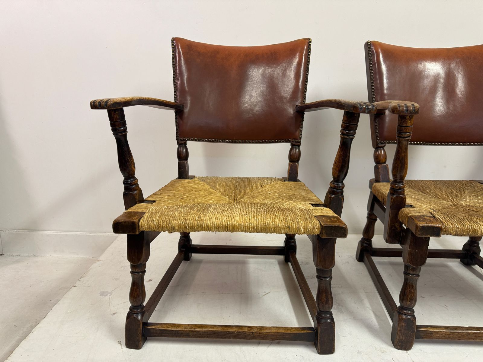 Set Of Three Oak Armchairs With Rush And Leather Seats photo buy