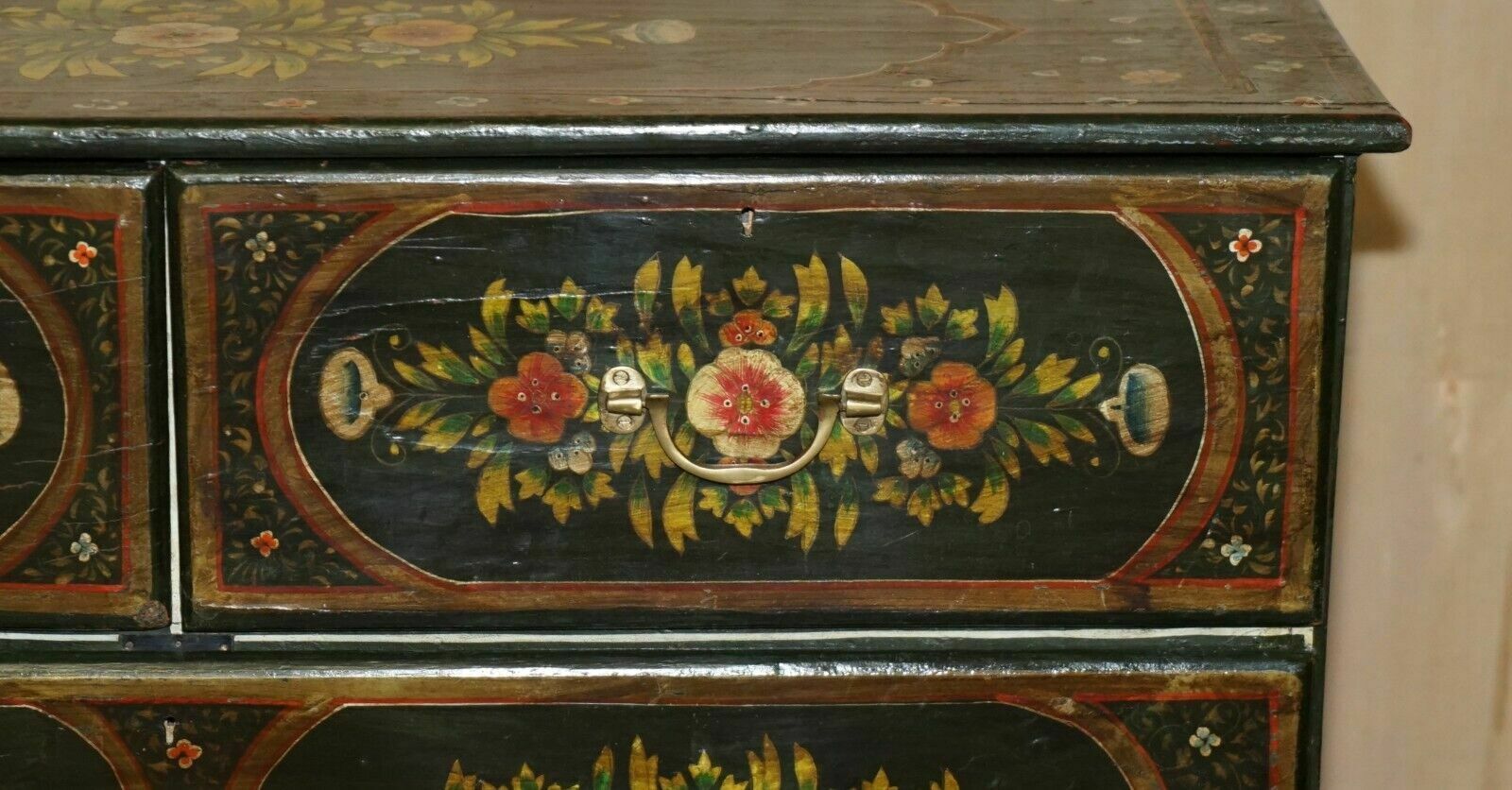 photo furniture Antique Swedish Hand Painted Green Floral Two Over Three Chest Of Drawers
